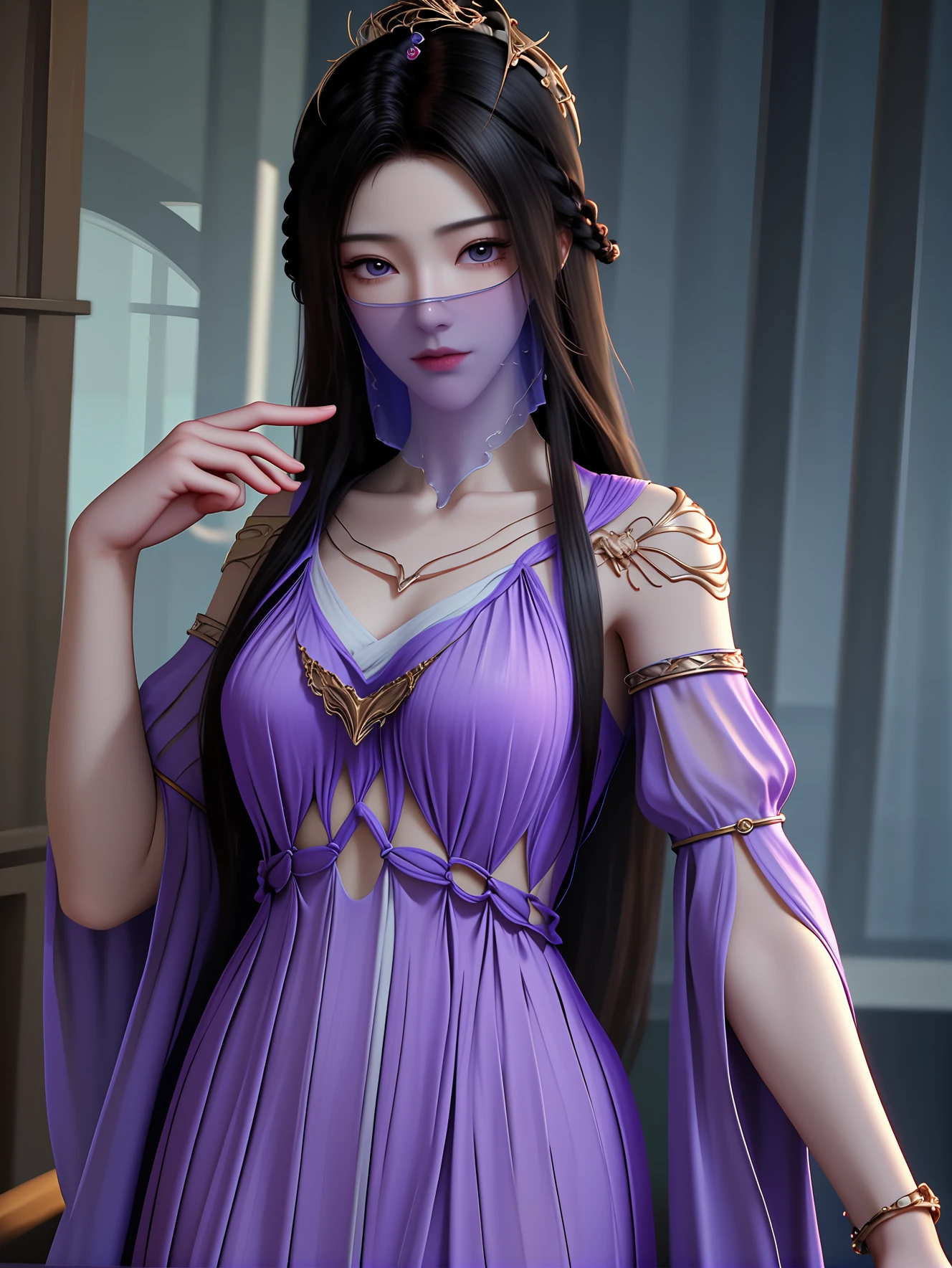 (NSFW:1.2),(night:1.2),(portrait:1.5),ultra realistic 8k cg,picture-perfect face,cinematic lighting,perfect face,beautiful face,beautiful eyes,fantasy,dreamlike,unreal,science fiction,absurdly long hair,very long hair,(rich:1.4),detail,delicate pattern,charming,alluring,seductive,erotic,enchanting,hair ornament,looking at viewer,sexy,charming,alluring,seductive,masterpiece,best quality,1girl,(transparent dress:1.2),veil,solo,black hair,jewelry,mouth veil,hair ornament,long hair,bracelet,purple dress,purple eyes,dynamic pose,dynamic angle,<lora:ziling_V1-000006:1>,