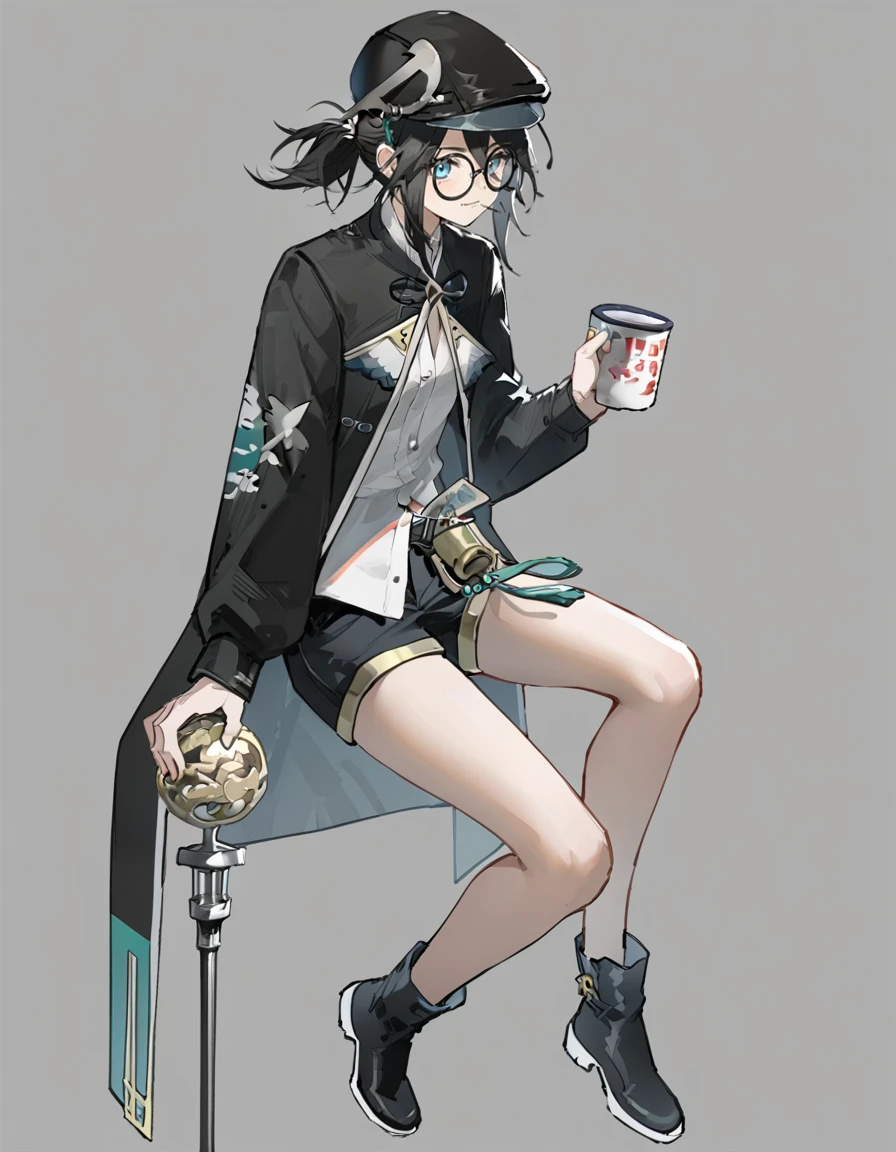 score_9_up,score_8_up,score_7_up,
<lora:maque_pony:0.9>,fellowmoon-maque, 1girl, solo, hat, blue eyes, black footwear, shorts, holding, glasses, black hair, black headwear, cup, shirt, full body, looking at viewer, white shirt, white background, black shorts, boots, round eyewear, ponytail, holding cup, long sleeves, simple background, bare legs