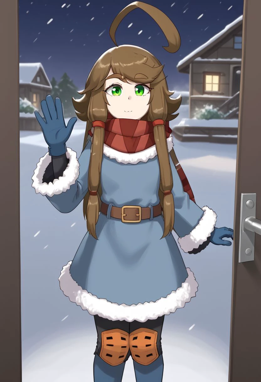 1girl, solo, Blu, brown hair, green eyes, sidelocks, hair ornament, ahoge, huge ahoge, long hair, thick eyebrows, thick eyelashes, fur-trimmed dress, (fur-trimmed sleeves), scarf, belt, blue gloves, belt, knee pads, blue footwear, open door, pov doorway, snow, snowing, waving, night sky