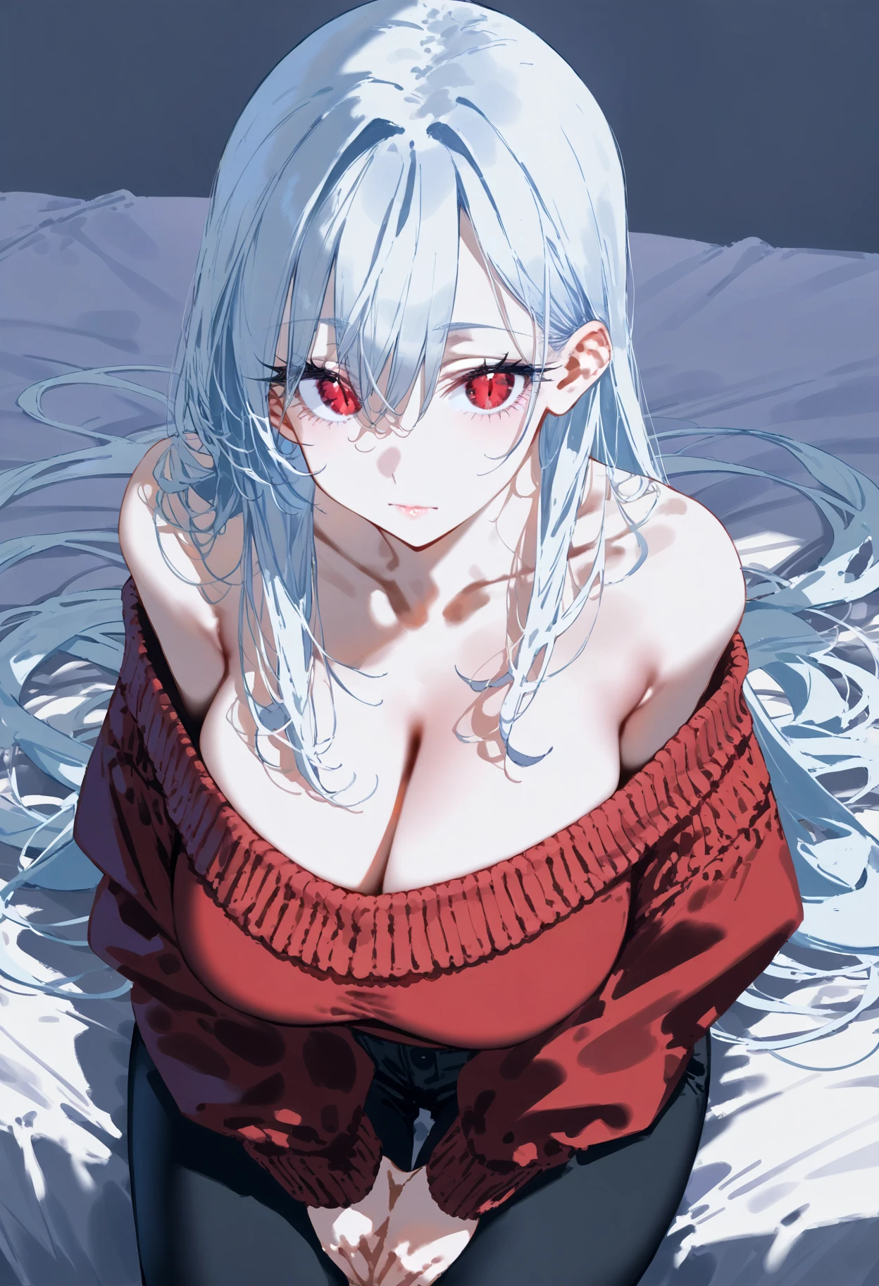 score_9, score_8_up, score_7_up, 1girl, armpit crease, bangs, bare shoulders, bed sheet, black pants, breasts, cleavage, closed mouth, collarbone, expressionless, eyelashes, from above, hair behind ear, hair between eyes, hair flowing over, hands on lap, large breasts, leaning forward, long eyelashes, long hair, long sleeves, looking at viewer, off-shoulder shirt, off-shoulder sweater, off shoulder, on bed, own hands together, pants, red eyes, red sweater, shirt, sidelocks, sitting, slit pupils, solo, straight hair, sweater, v arms, very long hair, white hair,