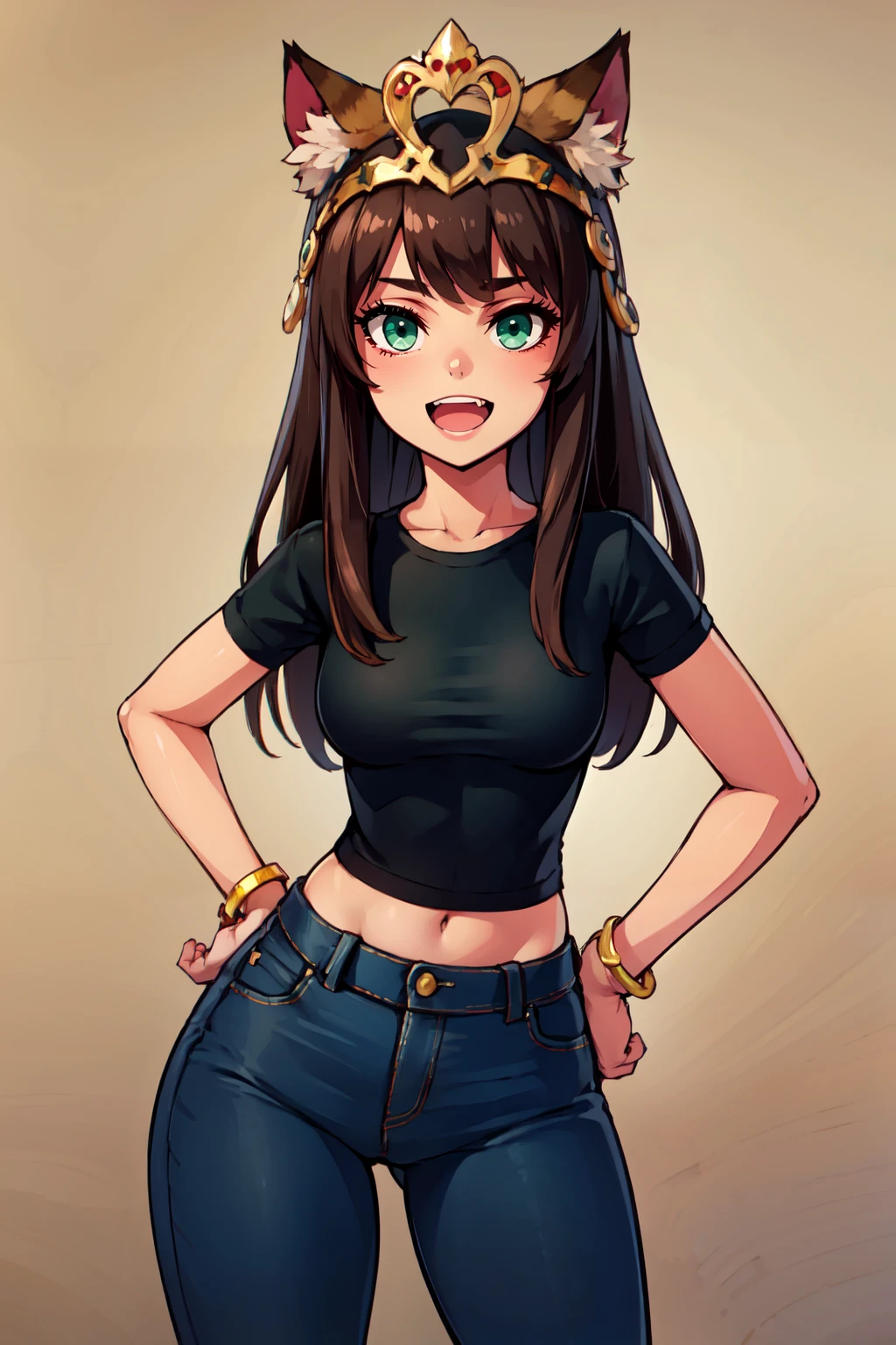 ((masterpiece,best quality)), absurdres,   <lora:Bastet_v2:0.7>, zzBastet, brown hair, green eyes, tiara, medium breasts, dark skin,  (g001:1), best quality, long hair, smile, open mouth, black shirt, denim jeans, cowboy shot, hands on hips, hip to the side, fang, narrow waist, very wide hips,