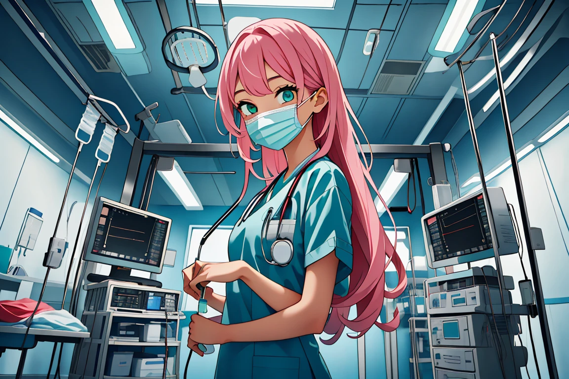 (RAW photo, best quality,facing the viewer,from front), operating room, overhead surgical light,blurred background, focused, dithering,backlighting,
 <lora:CM_Doctor_Emergency_Surgery_V2.0-000004:0.9> doctor emergency exam, 1girl, solo, surgical mask, intravenous drip, hospital bed, stethoscope, ceiling light, 
<lora:Momoka Hanamura_CSC_V1.0:0.7> momoka hanamura, long hair, tsurime, pink hair, green eyes,