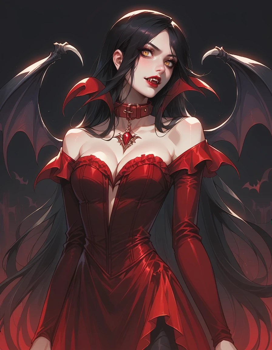 score_9, score_8_up, score_7_up, <lora:Safiria_-_Adventure_Quest-000003:0.6> aia_safiria_aq, straight hair, very long hair, black hair, side-swept hair, (bat wings:0.8), black wings, yellow eyes, detched sleeves, red strapless dress, (vampire collar:1.4), gothic, cleavage, red lipstick, ruby gemstone,