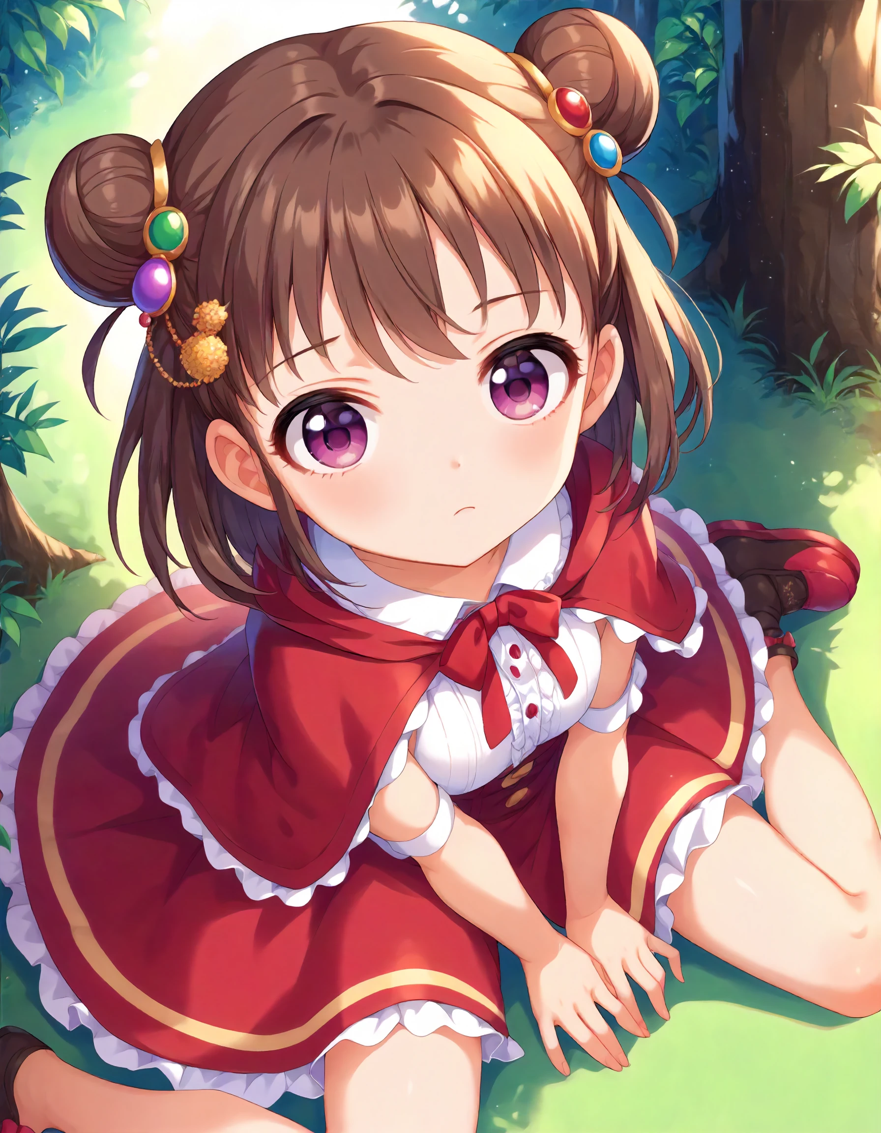 score_9, score_8_up,score_7_up,1girl,solo,from above,looking at viewer,looking up,sitting,wariza,arms between legs,troubled,forest,
<lora:munakataatsumi_ponyXLV6:0.7>,cgmat,brown hair,short hair,double bun,hair ornament,purple eyes,little red riding hood