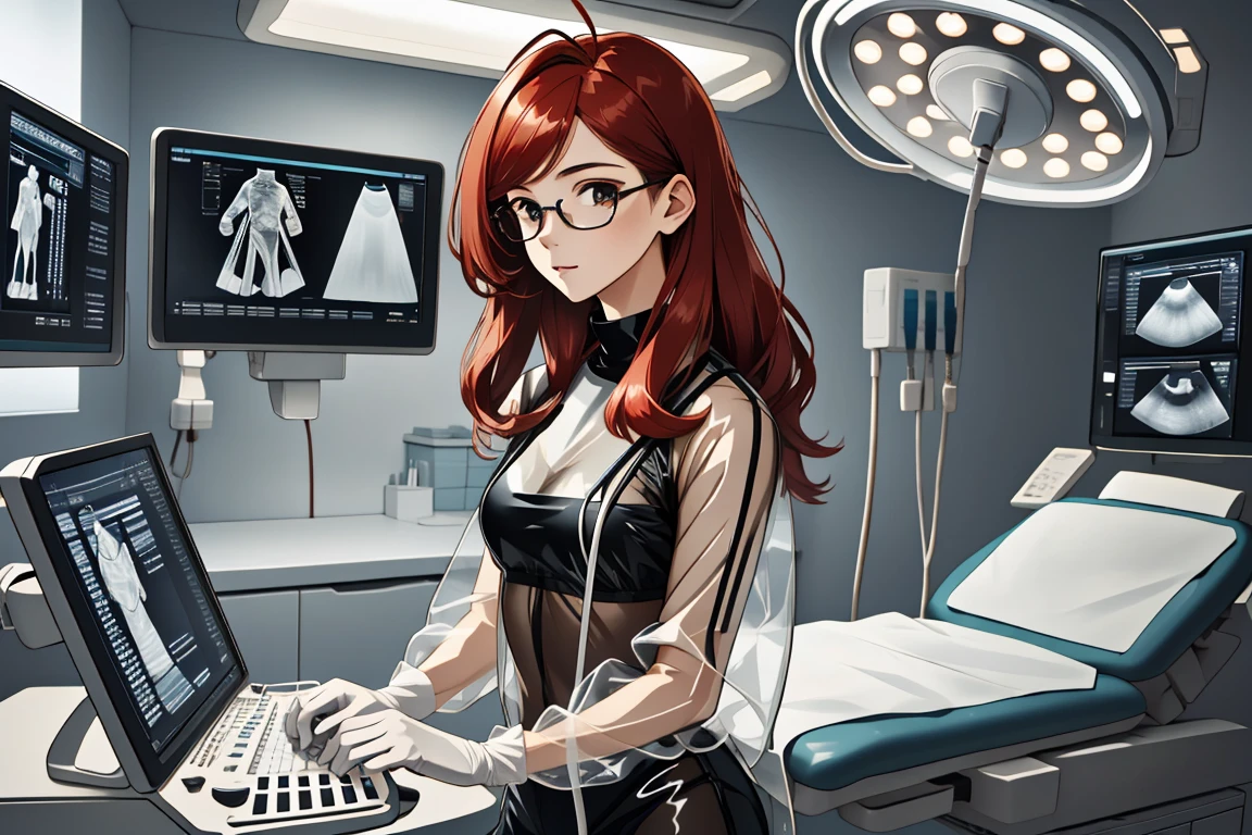 (RAW photo, best quality,facing the viewer,from front), operating room, overhead surgical light,blurred background, focused, dithering,backlighting,
 <lora:CM_Doctor_Latex_Ultrasound_V2.0-000004:0.9> doctor latex ultrasound, 1girl, solo, see-through, instrument, bodysuit, intravenous drip, computer, keyboard (computer),doctor, 
 <lora:Claudia_Suzuki_V1.0:0.65> claudia suzuki, mature female, semi-rimless eyewear, red hair, long hair, brown eyes, antenna hair,