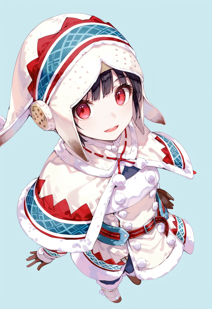 (score_9:0.9),score_8_up,score_7_up,rating_safe,anime style,(zPDXL),<lora:lagombi armor ponyXL v1:0.8>, lagombi armor, white hat, white gloves, white knee boots, 1girl, red eyes, short hair, looking at viewer, smile, brown hair, open mouth, bangs, standing, from above, blue background, black hair