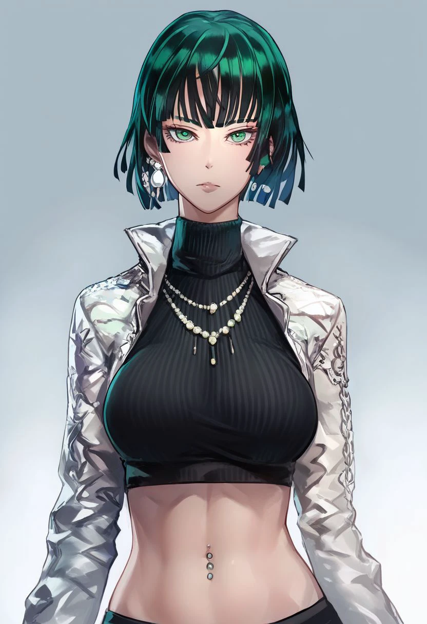 @kaburagi_y, yasutaka kaburagi \(artist\),  @kaburagi_y, yasutaka kaburagi \(artist\), score_9, score_8_up, score_7_up, score_6_up, score_5_up, rating:safe, 1girl, fubuki_(one-punch_man), breasts, solo, black_hair, short_hair, green_eyes, jewelry, looking_at_viewer, navel, large_breasts, long_sleeves, closed_mouth, midriff, white_background, bangs, striped, upper_body, navel_piercing, piercing, simple_background, green_hair, earrings, aqua_eyes, turtleneck, necklace, arms_at_sides, shiny, black_shirt, expressionless, vertical_stripes