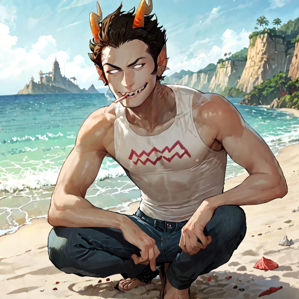 Cronus Ampora, grey skin, cigarette in mouth, white eyes, score_9, score_8_up, score_7_up,  source_anime, male, island, beach, full body, front view, sharp teeth, no pupils, smirk, raised eyebrow, smug, skinny, detailed face,