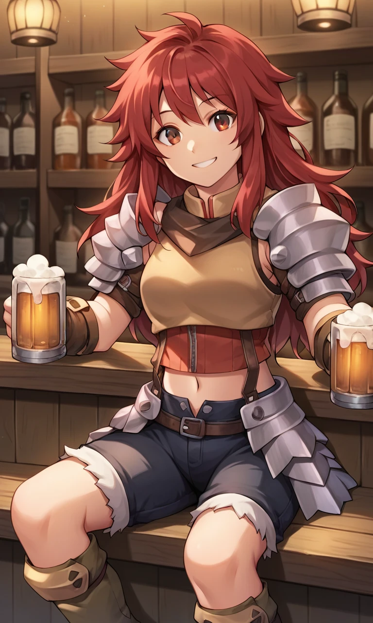 ((indoors, a woman sitting in a tavern holding a beer)),beautiful eyes, beautiful girl, high detail skin, high detail eyes, high detail hair, highres, ultra detailed, sharpen picture, Highly detailed, masterpiece, best quality, photorealistic,
<lora:MireilleLoRA:0.9> 1girl, long hair, ponytail, midriff, arm guards, braids, breastplate, belt, armor, pauldrons, boots, holding sword on hilt, holding shield