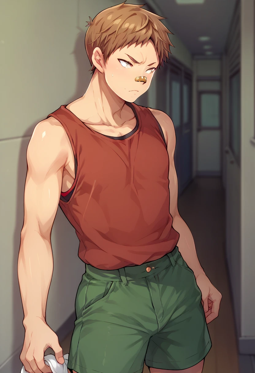 score_9, score_8_up, score_7_up, score_6_up, detailed, cowboy shot,best quality ,source_anime, male focus,
kugayama, brown hair, brown eyes, 1boy,bandaid on face, sneakers, bandaid on nose, red tank top,green shorts<lora:EMS-405391-EMS:1.000000>