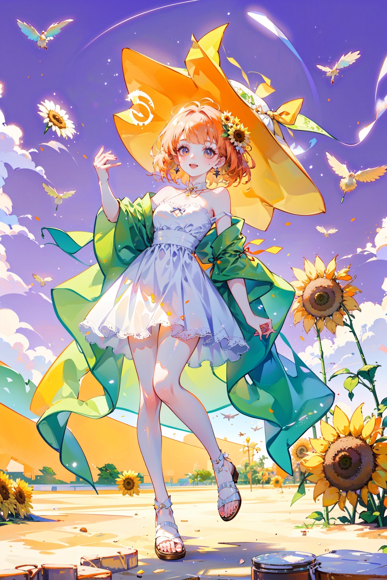 ((best quality, masterpiece, absurbres, super-resolution)) Full body, bare shoulder, sandals, sun, sky, outdoors, sunflower, Purple, Green, Orange, White, <lora:SECONDARY-CORE:1>