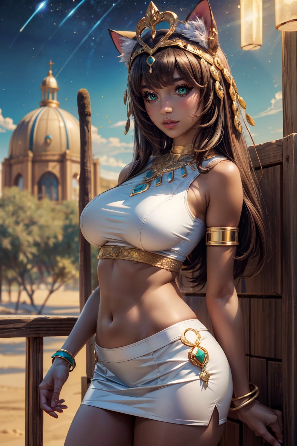 (ultra realistic,32k, masterpiece:1.2),(high detailed skin:1.1),( high quality:1.1), <lora:Bastet_v2:0.6>, zzzBastet, brown hair, green eyes, tiara, big breasts,   white skirt, white crop top, medium breasts, ankle lace-up, cat ears, dark skin, jewelry, midriff, very long hair, cat tail, very wide hips, narrow waist,   BREAK,  desert,  blooming stars, luminescent petals, otherworldly fragrance blurry background, (looking at viewer, standing:1.1), huge breast, large breast, <lora:add_detail:0.92>, (glowwave:1.1),