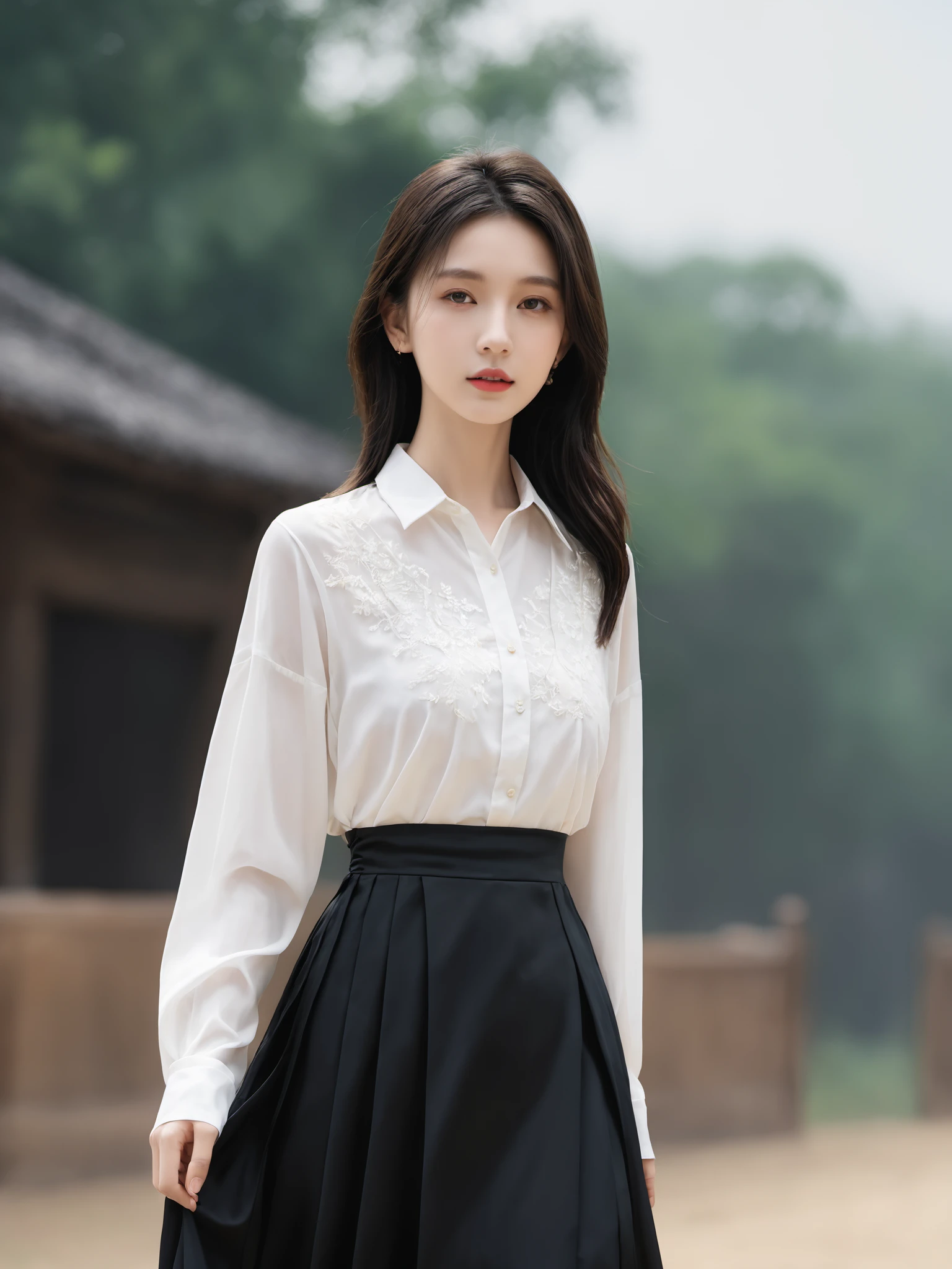 Realistic,Masterpiece,18 - year - old , Super High Resolution, (reality: 1.4) , 1girl, full body shot, Half skirt, shirt, black color, outdoor, realistic,hands,realistic,depth of field,  wearing majien long dress,<lora:Jay-MajienXL:0.8>, (best quality:1.3)