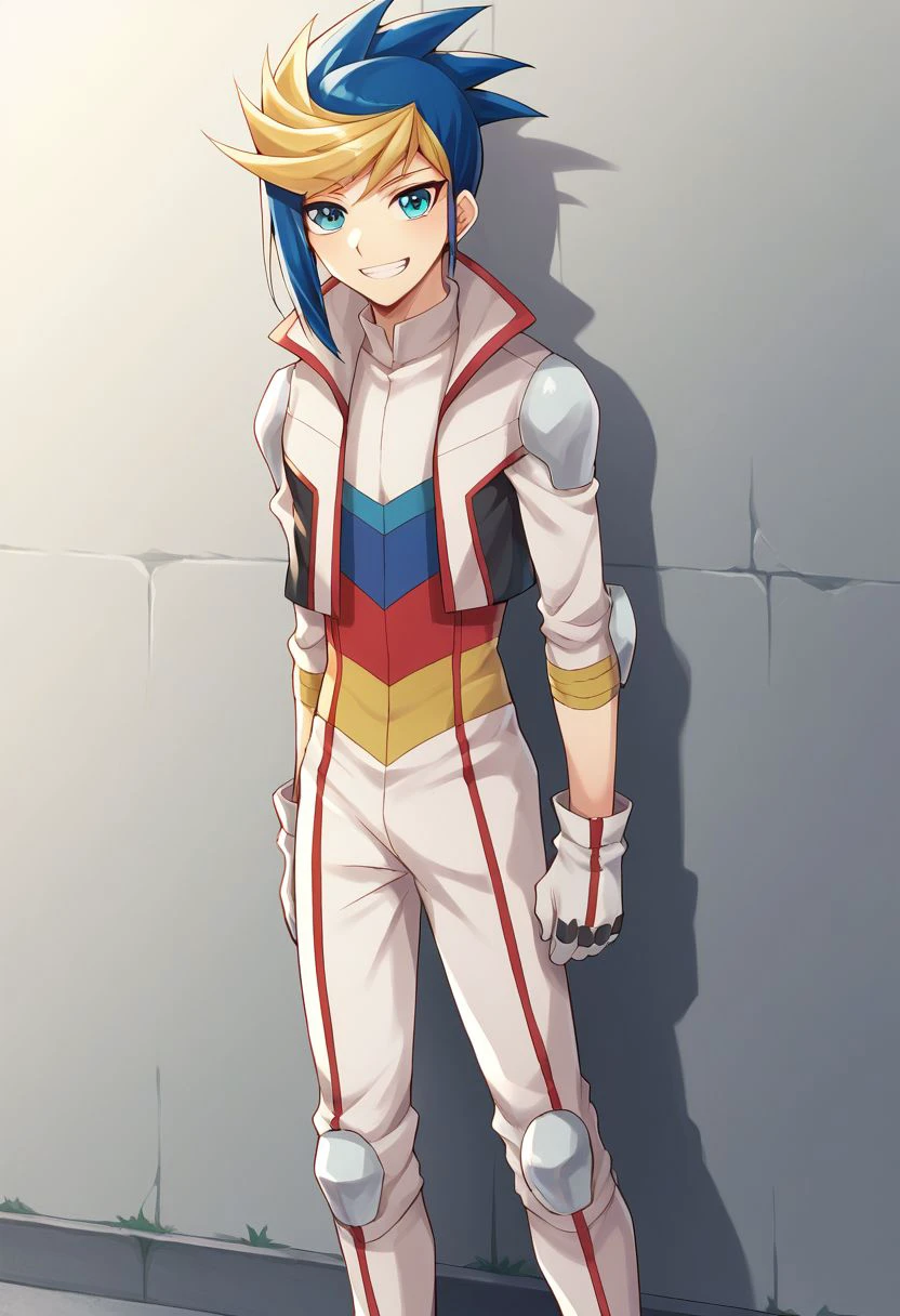 score_9, score_8_up, score_7_up, source_anime, highly detailed,
yugo, 1boy, solo, male focus, gloves, multicolored hair, blue hair, blonde hair, dyed bangs, two-tone hair, jumpsuit, white jumpsuit, jacket, white jacket, stripes, elbow, knee pads, boots
outdoor, wall, smile, grin, stand,