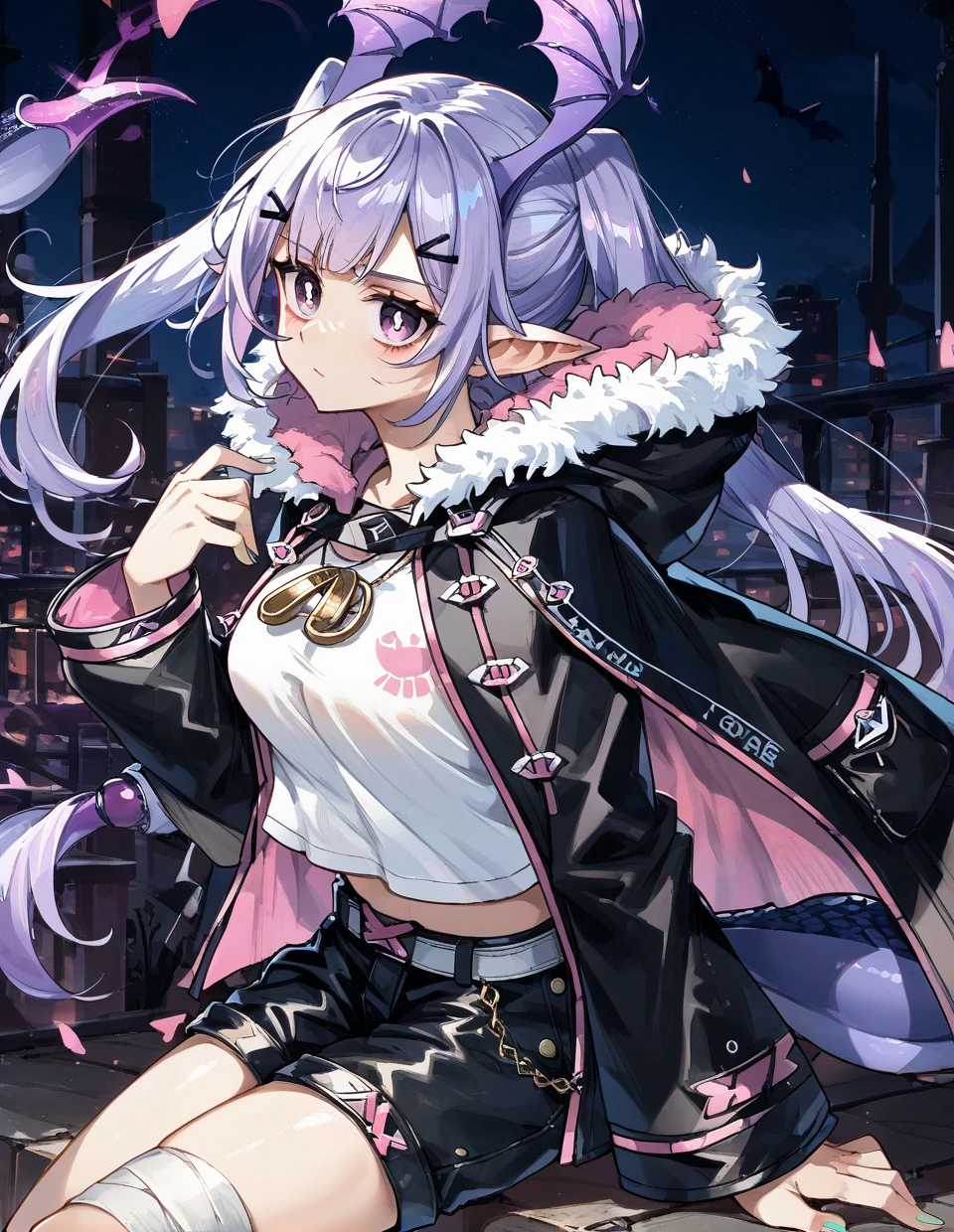 1girl,solo,<lora:manticore(arknights)_pony:1>,manticore(arknights),pointy ears,twintails,long hair,hair ornament,light purple hair,bat wings,head wings,scorpion tail,
looking at viewer,bandaged leg,shorts,hairclip,short shorts,white shirt,fur trim,jacket,serious,purple aura,, score_9,score_8_up,score_7_up,score_6_up,score_5_up,score_4_up,