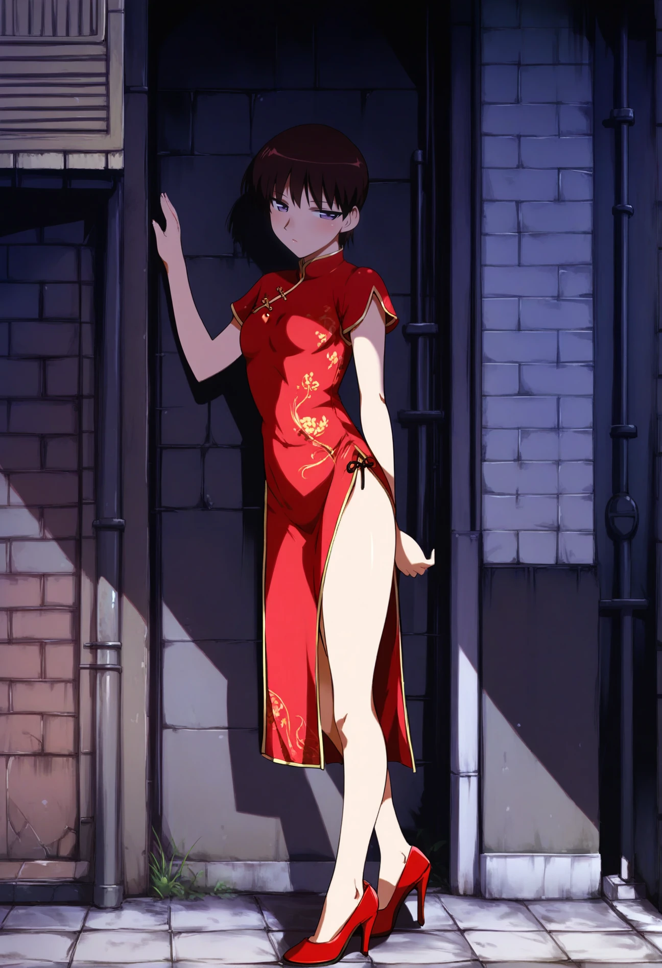 <lora:takano_akira_ponyxl_v2:0.9>, takira, short hair, dark red hair, brown hair, purple eyes, half-closed eyes, solo, looking at viewer, looking to the side, standing, full body,
china dress, chinese clothes, red dress, side cut, bare legs, red lipsticks, high heels, red footwear,
against wall, from side, leaning back, leaning against wall,
outdoors, alley, cobblestone wall, <lora:lowlight:0.6>, dark alley, dark,
backlighting, score_9, score_8_up, score_7_up, score_6_up, anime coloring, (m-da s-tarou, asou \(asabu202\):0.5), masterpiece, best quality