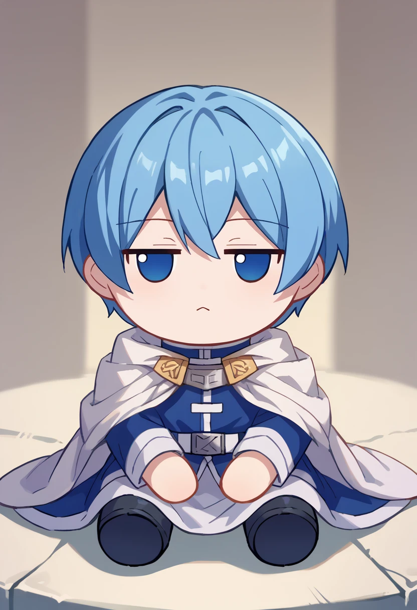 score_9, score_8_up, source_anime, 1boy, solo, HimmelFrieren, blue hair, short hair, blue eyes, white cloak, uniform, blue jacket, white belt, white pants, black boots, fumo \(doll\), chibi, sitting, <lora:ChamHimmelPonyXL:1>, <lora:style_toyfumo_ponyXL:1>