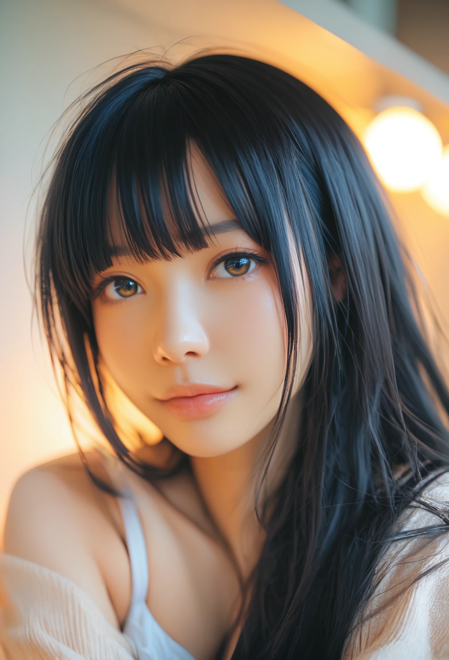 score_9, score_8_up, score_7_up, Close-up details, realistic style photo Japanese young woman, black hair, long hair, outstanding style, tall, cute, in her teens. Use soft lighting to cast gentle shadows on the subject, adding a touch of dimension to your images without compromising details