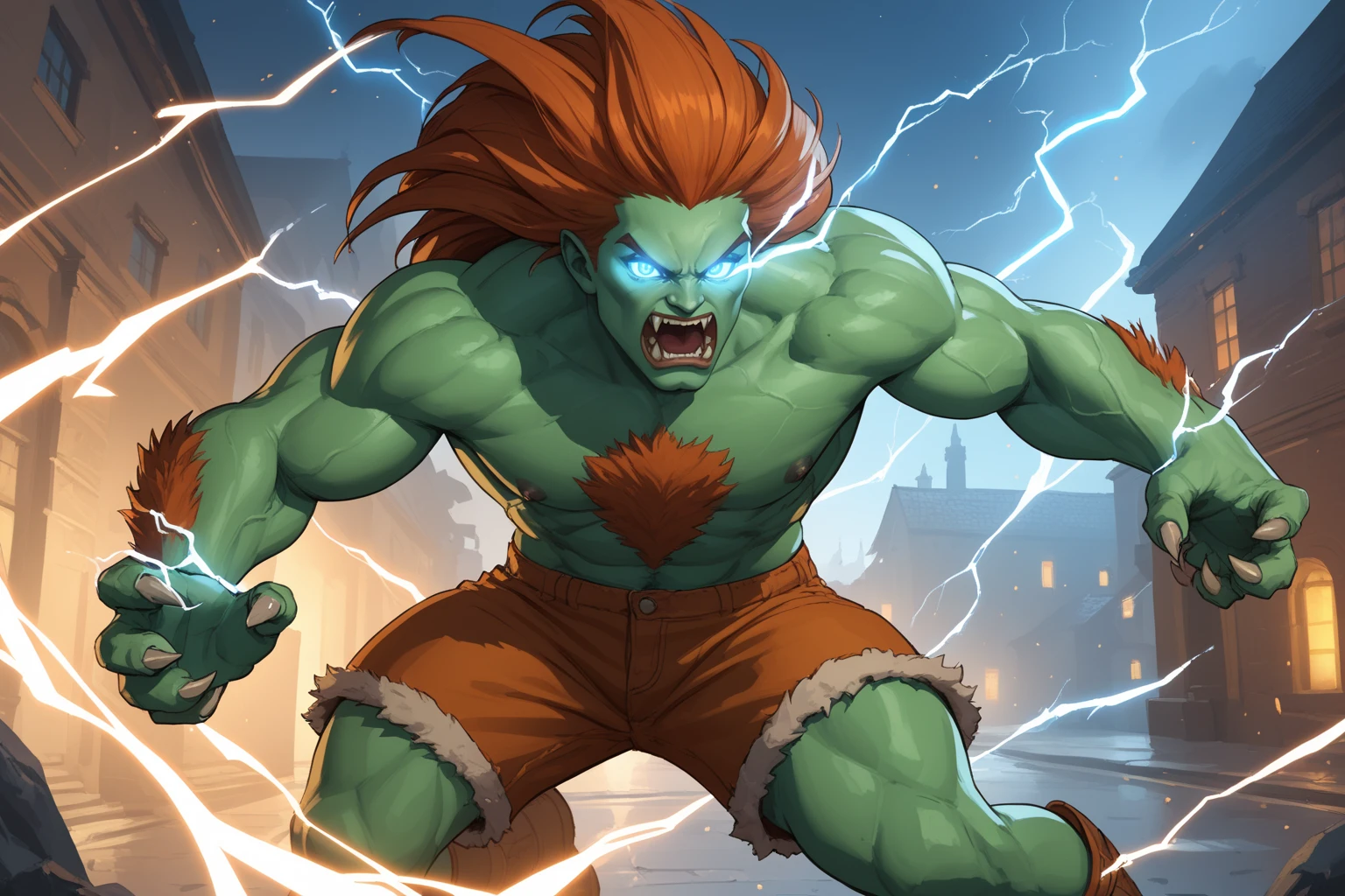 score_9, score_8_up, score_7_up, masterpiece, high quality, BREAK
 <lora:Blanka SF2PonyLoRA:0.8>blnka, long hair, colored skin, green skin, monster boy, claws, fur, shorts, fangs, arngry, attacking stance, fighting, electricity, glowing, veins, glowing eyes, in a city, at night