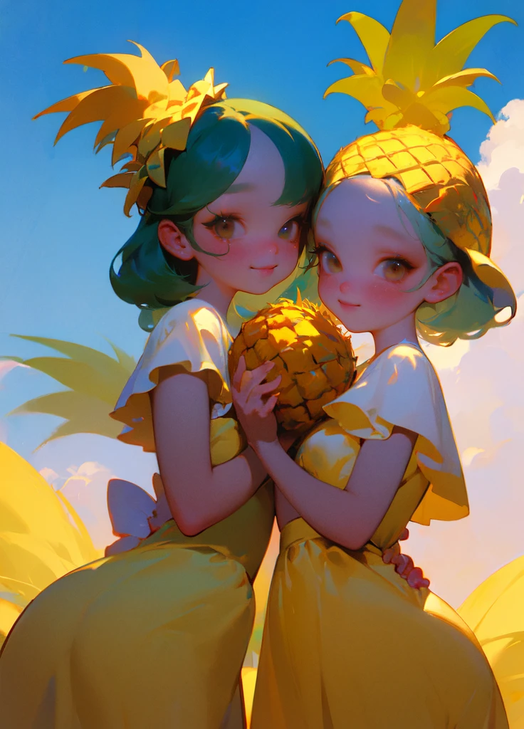 (masterpiece, best quality:1.4)  <lora:PetraVoice1.51:1> 2girls, yellow dress (holding) big (pineapple:1.3), pale-green hair, pineapple hat, (happy, smile:1.2), tropical,looking at viewer, front view