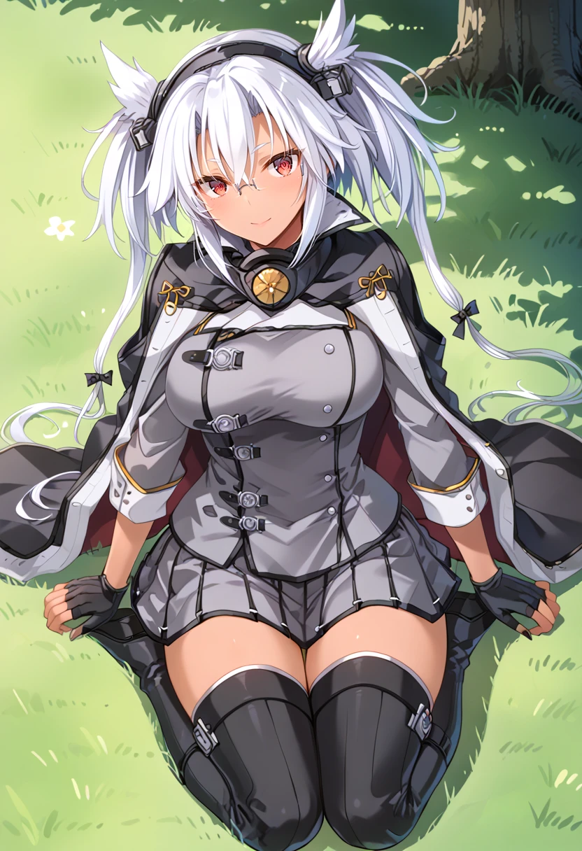 full body, park, contrapposto, <lora:KC_05BB_musashi_pony0618:1> bangs, silver hair, hair ornament, red eyes,  glasses,semi-rimless eyewear, hair between eyes, twintails,hair flaps,  short hair with long locks, pointy hair, dark skin, 
musashikai2-kc, grey jacket, long sleeves, roll up sleeves,  black gloves, partially fingerless gloves, black capelet, capelet, miniskirt, skirt, pleated skirt, grey skirt, black thighhighs, zettai ryouiki, thigh strap, boots, thigh boots,, score_9,score_8_up, score_7_up, source_anime, masterpiece, best quality,  official art, official style, game cg, megami magazine, rating_safe, rating_questionable, <lora:Fixhands_anime_bdsqlsz_V1:0.75>,