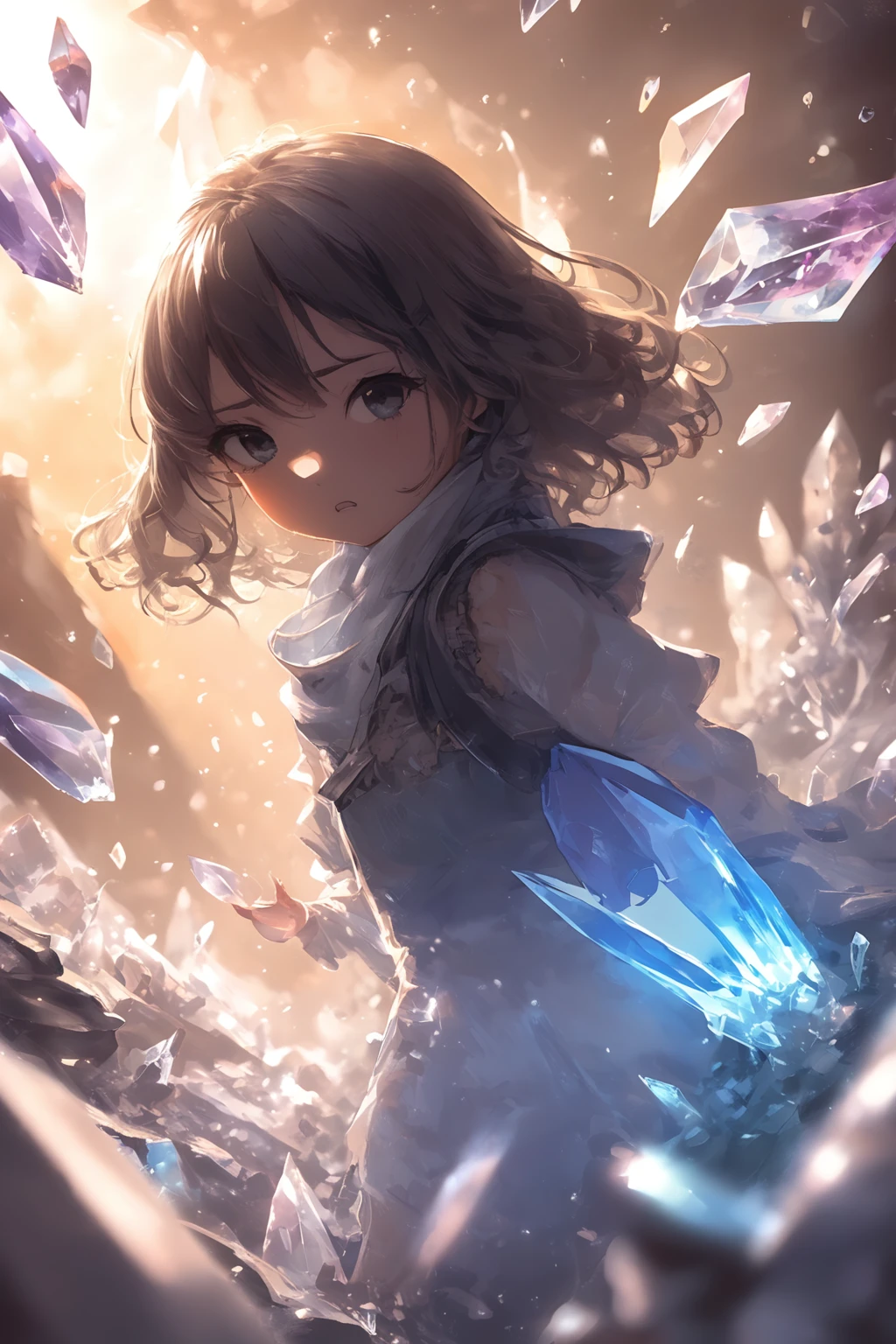 A girl stands amidst scattered glass shards, surrounded by a beautifully crafted world. The scene is depicted from a dynamic angle, emphasizing her determined expression. The background features ethereal elements, with floating crystals and soft, glowing lights that create a mystical atmosphere.
