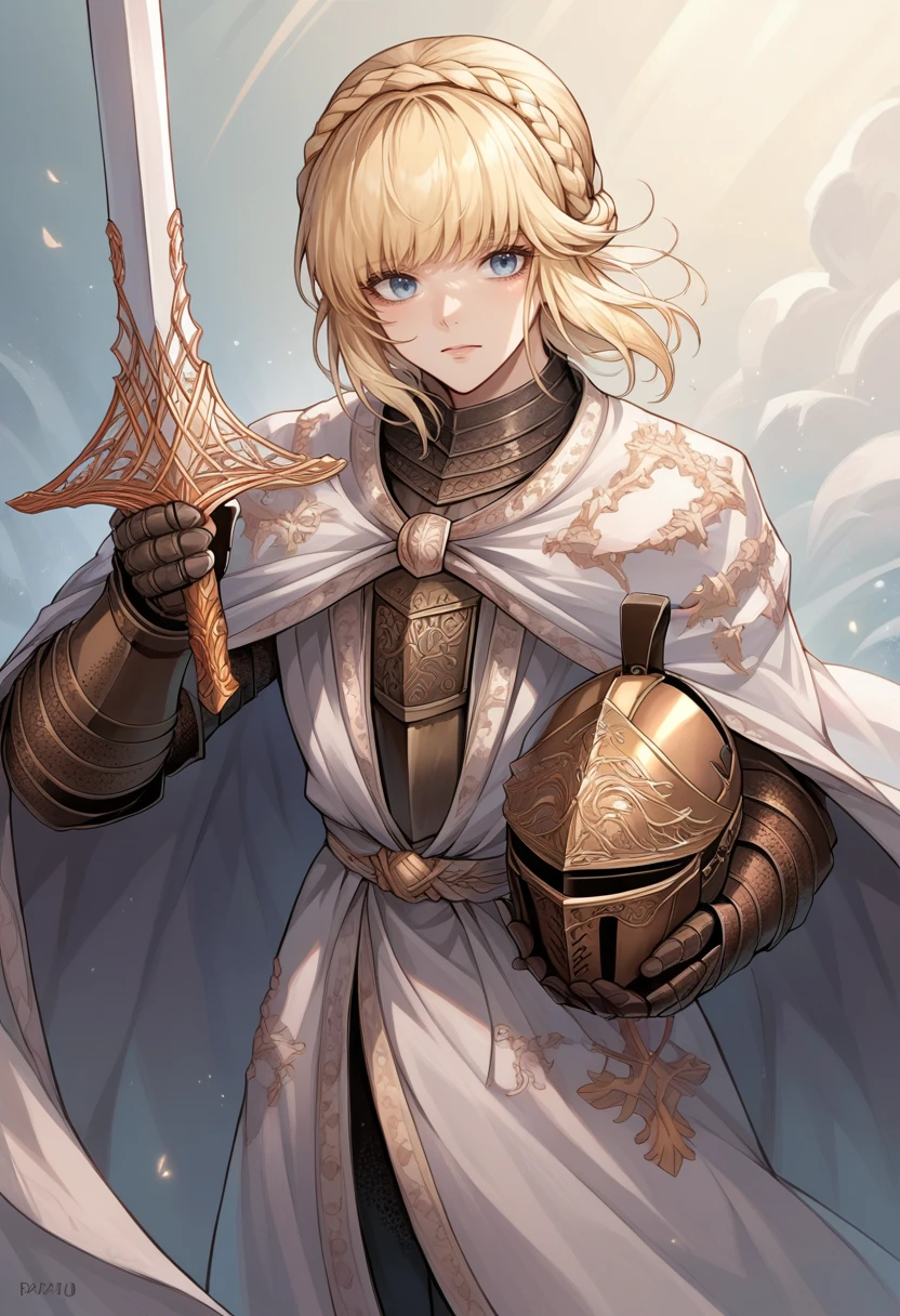 score_9, score_8_up, score_7_up, source_anime, NeedleKnightLeda, blue eyes, blonde hair, bangs, crown braid, plate armor, white cape, breastplate, Knight, gloves, gauntlets, shoulder armor, <lora:NeedleKnightLeda_XLPD-000009:1>, holding helmet, cowboy shot,