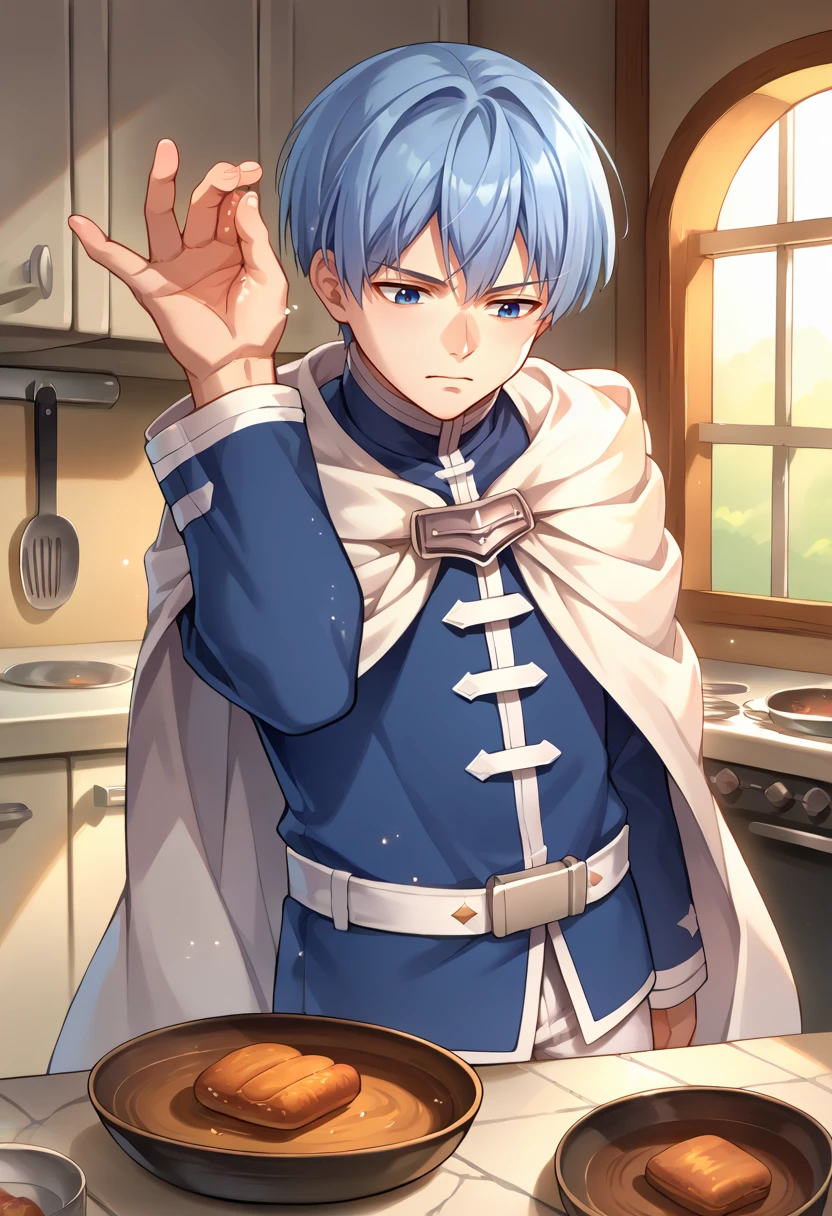 score_9, score_8_up, source_anime, 1boy, solo, HimmelFrieren, blue hair, short hair, blue eyes, white cloak, uniform, blue jacket, white belt, white pants, black boots, saltbaememe, salt, indoors, kitchen, <lora:SaltBaeMeme_XLPD_CAME:1>, <lora:ChamHimmelPonyXL:1>