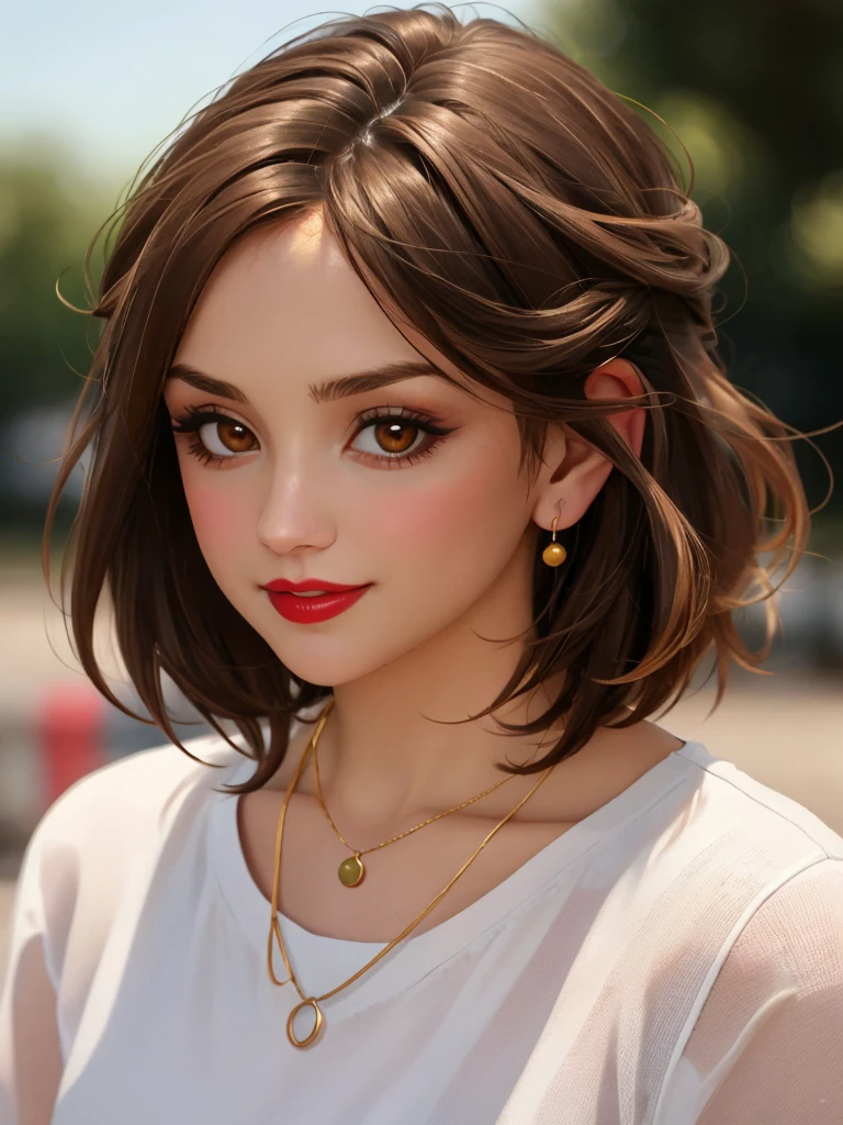 r4ch3llc, 1girl, solo, looking at viewer, smile, brown hair, shirt, brown eyes, jewelry, closed mouth, white shirt, medium hair, necklace, lips, makeup, traditional media, lipstick, portrait, realistic<lora:r4ch3llc:1.0>