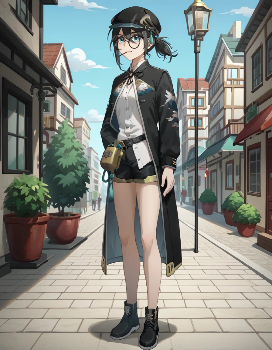 score_9_up,score_8_up,score_7_up,
outdoors,talking,full body,
<lora:maque_pony:0.8>,fellowmoon-maque,1girl,solo,shorts,hat,blue eyes,black hair,black shorts,glasses,shirt,black headwear,round eyewear,white shirt,cowboy shot,jacket,black jacket,mouth hold,long sleeves,jewelry,<lora:Anime_Screencap:1>,anime screencap,