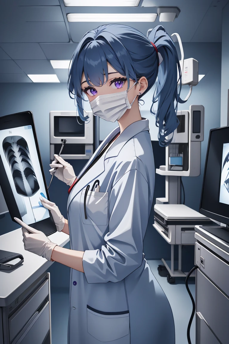 (RAW photo, best quality,facing the viewer,from front), operating room, overhead surgical light,blurred background, focused, dithering,backlighting,
 <lora:CM_Doctor_Checking_Xray_V2.0-000004:0.9> doctor xray, 1girl, solo, surgical mask, doctor, looking at viewer, labcoat,xray,
 <lora:Valerie Kato:0.7> valerie kato, ocg:0002, 1girl, blue hair, bangs, purple eyes, nail polish, red nails, folded ponytail, large breasts,