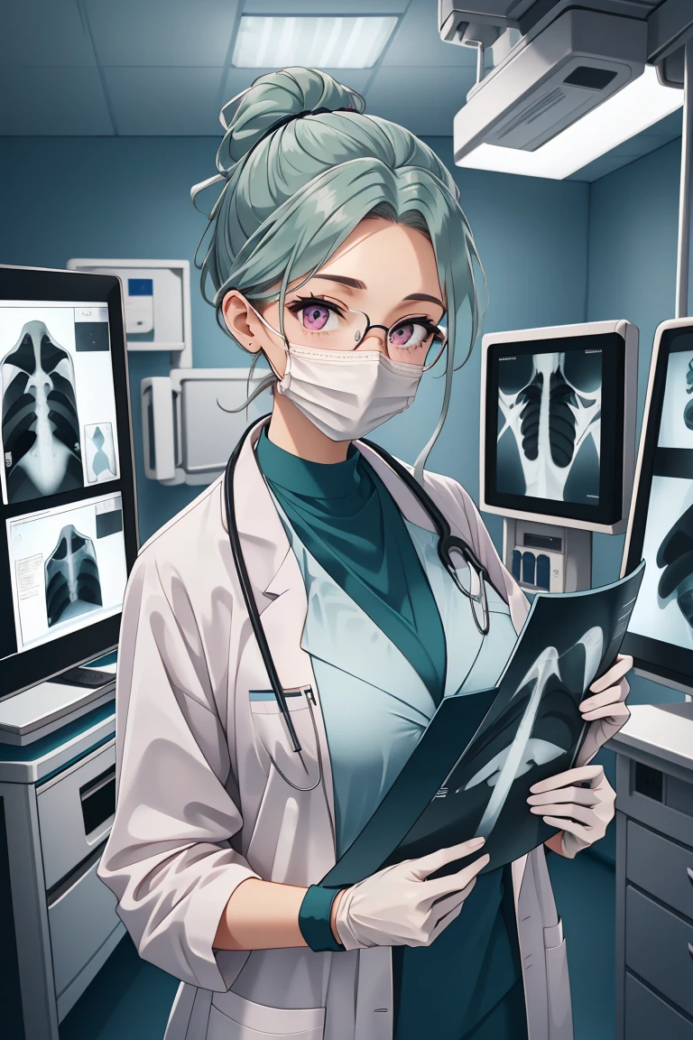 (RAW photo, best quality,facing the viewer,from front), operating room, overhead surgical light,blurred background, focused, dithering,backlighting,
 <lora:CM_Doctor_Checking_Xray_V2.0-000004:0.9> doctor xray, 1girl, solo, surgical mask, doctor, looking at viewer, labcoat,xray,
 <lora:Camilla Kloudiam:0.57> camilla kloudiam, ocg:0001, 1girl, green_hair, glasses, pink_eyes, freckles, single hair bun, large breasts, mature female,