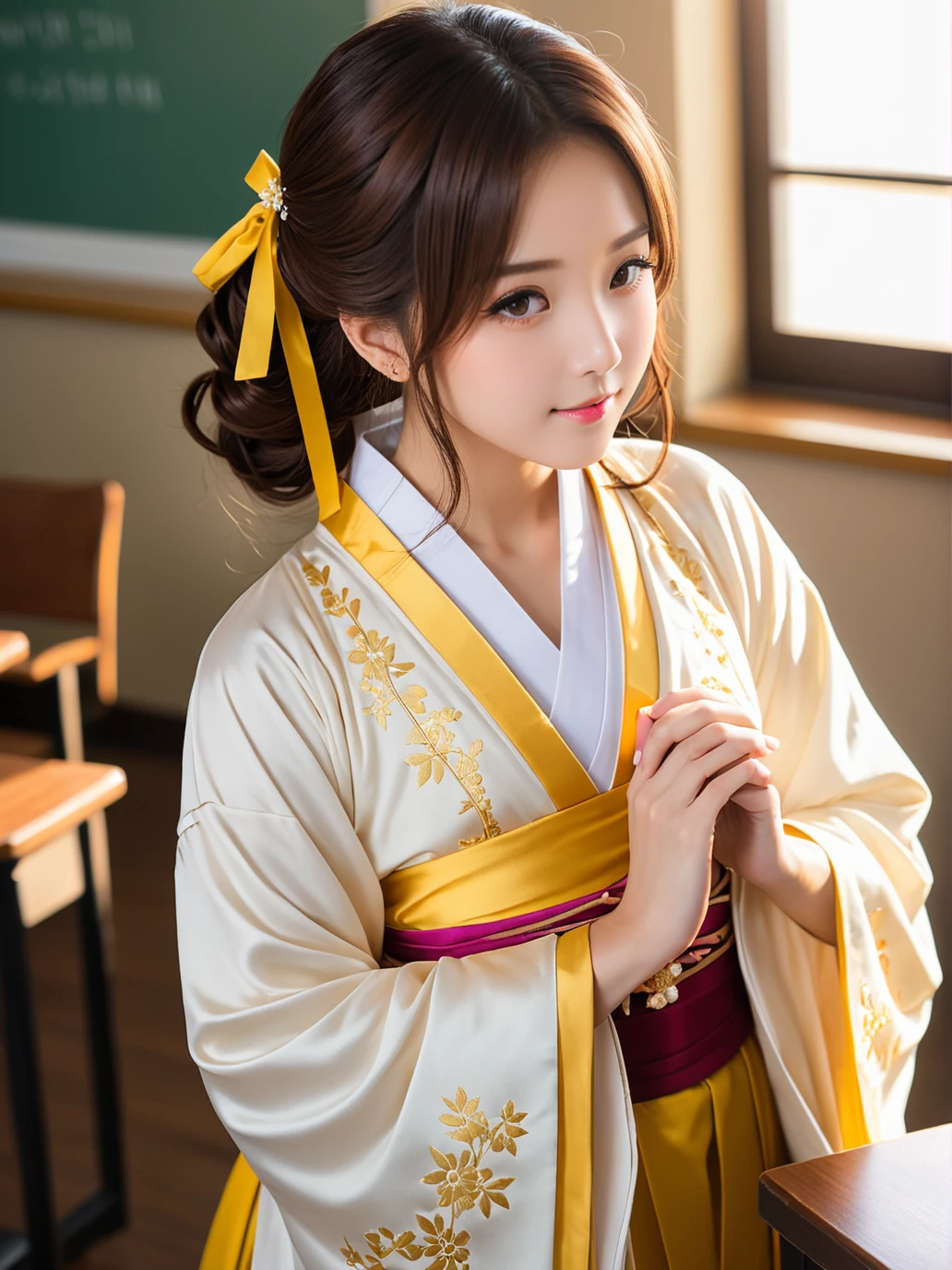 absurdres,incredibly absurdres,cinematic_angle,Cinematic Lighting,golden moment sea backlight,anatomically correct,classroom,RAW photography,professional grade,(Charming Face:1.4),(sutocking beautiful,cure lovely,shy,implicit,perseverance),cute & girly \(idolmaster\),hanfu,