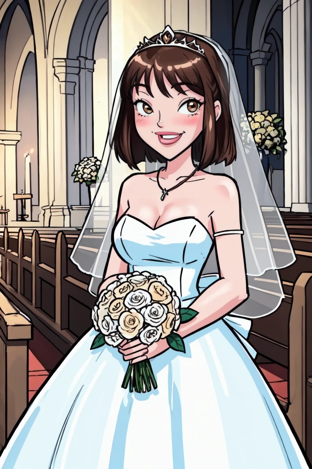 retro artstyle,kimberly, 1girl, solo, cowboy shot,brown hair, bob cut, brown eyes,wedding dress,veil,,smile, blush,happy,holding bouquet,own hands together,looking at viewer,indoors, church, white light, altar,crowd,tiara,strapless,necklace,,(best quality, masterpiece)   <lora:kimberlyrenolds_v1:1>