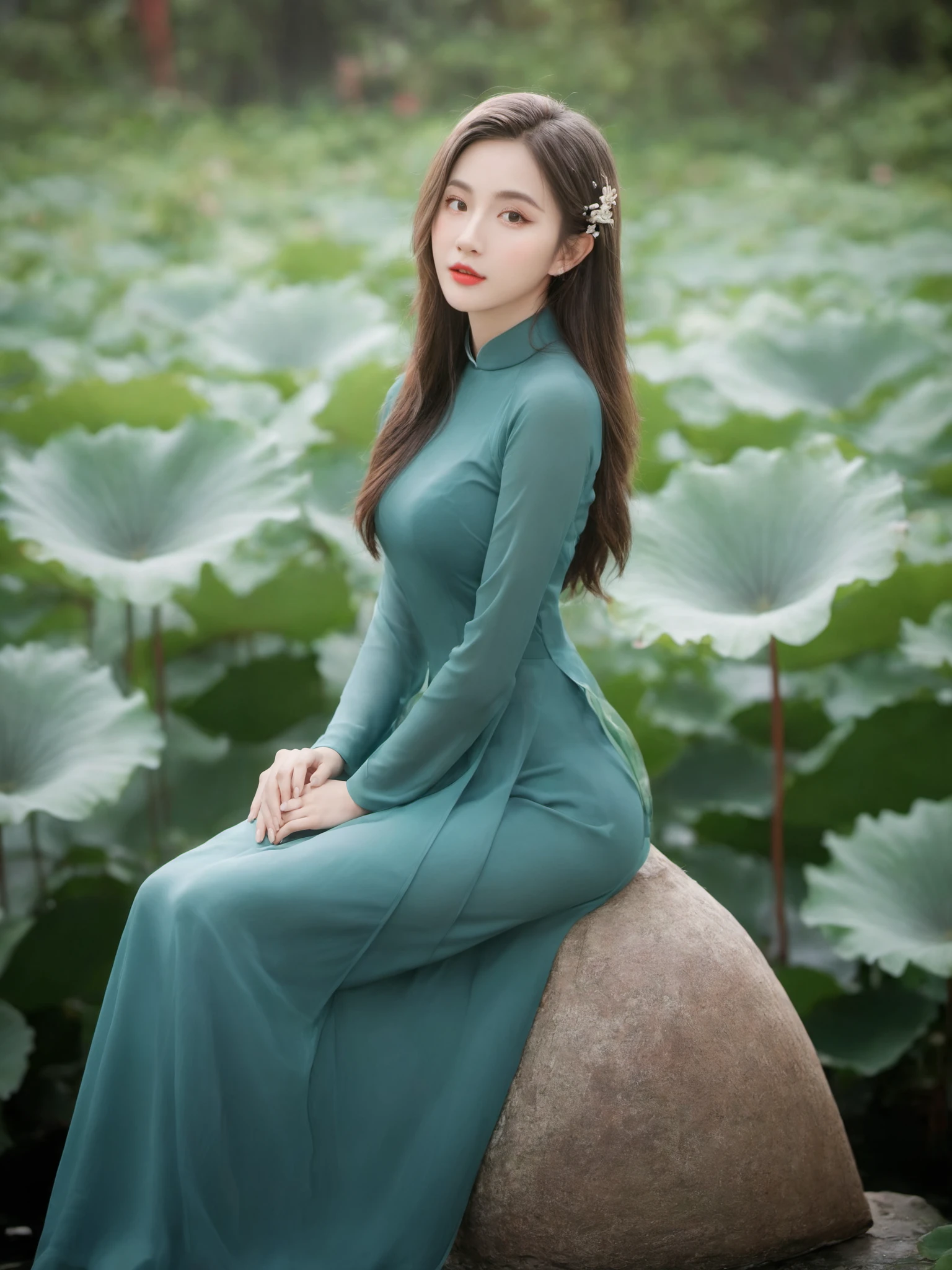 Best Quality,Masterpiece,Ultra High Resolution,(Realisticity:1.4),photorealistic,extreme detailed,Original Photo,1girl,portrait,(fullbody),elf,silver hair,solo,(dynamic posture:1.4),ao dai,(dark sea green tone:1.2),giant lotus leaf,dress,looking at the audiences,long sleeves,red lips,50mm,F0.8,8K raw,depth of field,aodaixl,1 girls,
<lora:aodaixl:0.7>, (best quality:1.3)