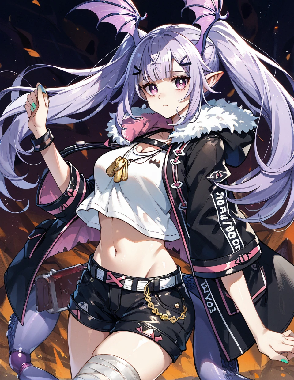 1girl,solo,<lora:manticore(arknights)_pony:1>,manticore(arknights),pointy ears,twintails,long hair,hair ornament,light purple hair,bat wings,head wings,scorpion tail,
looking at viewer,bandaged leg,shorts,hairclip,short shorts,white shirt,fur trim,jacket,dog tags,navel,stomach,, score_9,score_8_up,score_7_up,score_6_up,score_5_up,score_4_up,