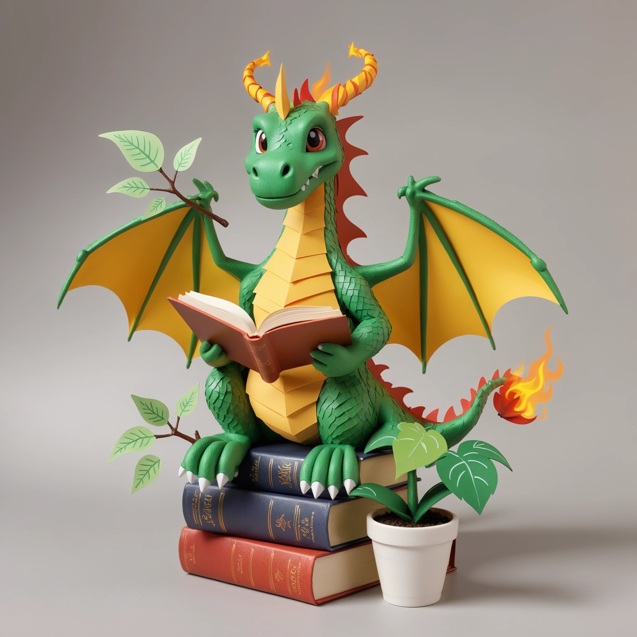 FRESHIDEAS A cartoon dragon who practices spells book bookmark breathing fire claws fire flame full body grey background holding holding book horns leaf no humans open book paper plant potted plant reading sitting solo vines wings,