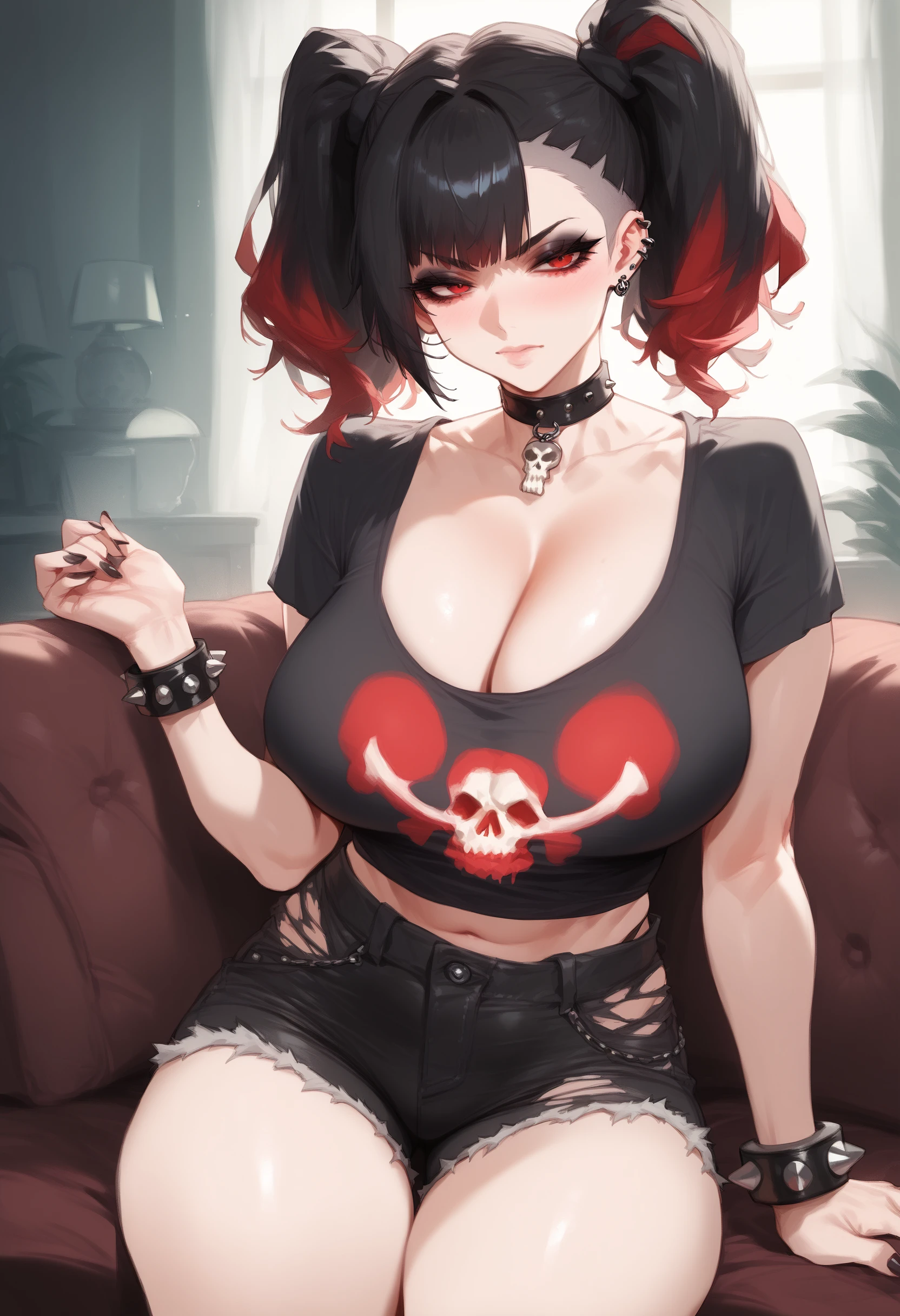 score_9, score_8_up, score_7_up, score_6_up, score_5_up, score_4_up, rating_explicit,
Goth girl, choker, goth clothes, red eyes, makeup, skull print, black T-shirt, spiked bracelets, dark leather shorts, cut shorts, black hair, massive breasts, twintails, multicolored hair, black hair, red hair, cleavage,   
 <lora:Mikayori_Style:1>