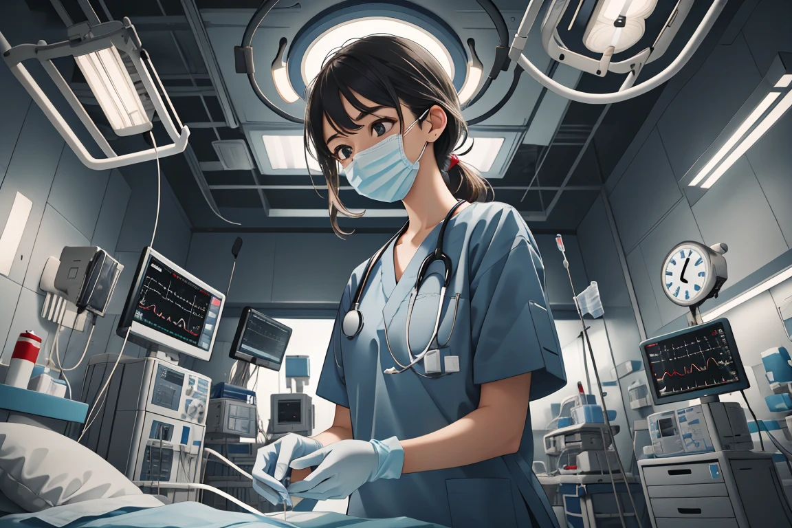 (RAW photo, best quality,facing the viewer,from front), operating room, overhead surgical light,blurred background, focused, dithering,backlighting,
 <lora:CM_Doctor_Emergency_Surgery_V2.0-000004:0.9> doctor emergency exam, 1girl, solo, surgical mask, intravenous drip, hospital bed, stethoscope, ceiling light,