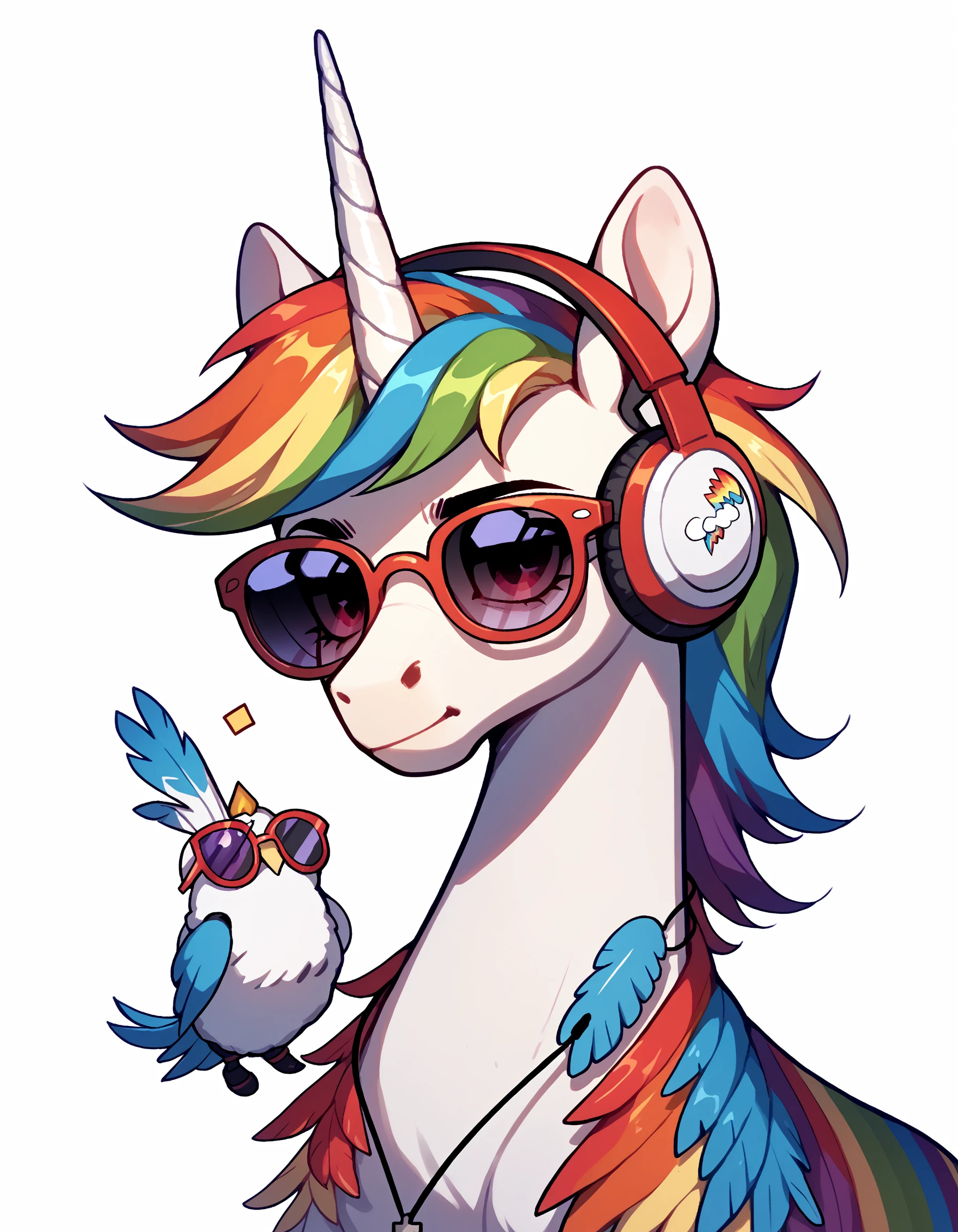 PonyXLV6_Scores BREAK souce_anime, E4rth_K4waii_Pr1de, solo, simple background, white background, horns, glasses, no humans, headphones, animal, sunglasses, feathers, single horn, animal focus, rainbow, colorful, unicorn, rainbow hair, <lora:Earthnicity_Kawaii_LGBTQIA__Plural_Pride_Lora_Pony_XL:0.8>