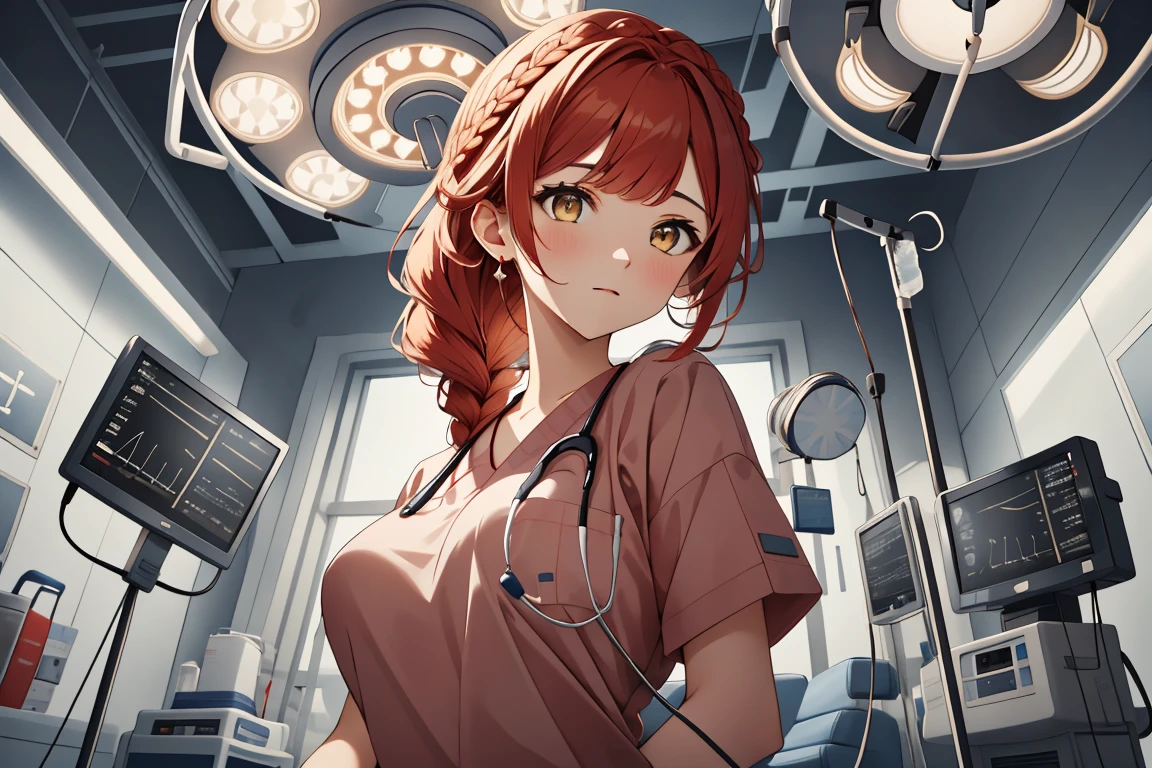 (RAW photo, best quality,facing the viewer,from front), operating room, overhead surgical light,blurred background, focused, dithering,backlighting,
 <lora:CM_Doctor_Emergency_Surgery_V2.0-000004:0.9> doctor emergency exam, 1girl, solo, surgical mask, intravenous drip, hospital bed, stethoscope, ceiling light, 
 <lora:Lydia Granger:0.7> (lydia granger, oc 07, 1girl, long hair, large breasts, yellow eyes, red hair, swept bangs, crown braid),