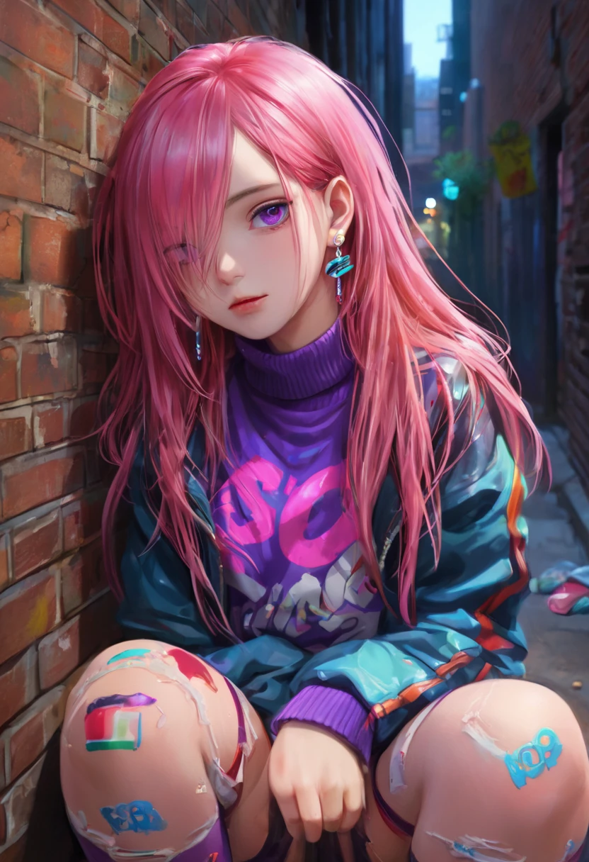 Anime girl with pink hair sitting on a brick wall - SeaArt AI