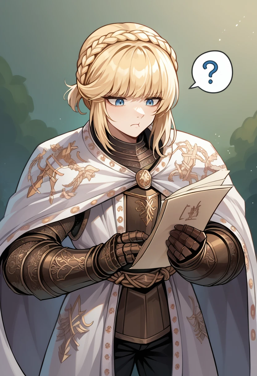 score_9, score_8_up, score_7_up, source_anime, NeedleKnightLeda, blue eyes, blonde hair, bangs, crown braid, plate armor, white cape, breastplate, Knight, gloves, gauntlets, shoulder armor, black pants, <lora:NeedleKnightLeda_XLPD-000009:1>, holding map, confused, spoken question mark, annoyed, 1girl, solo, looking down, paper,  <lora:Pout_XLPD:1>, pout, :t, closed mouth,