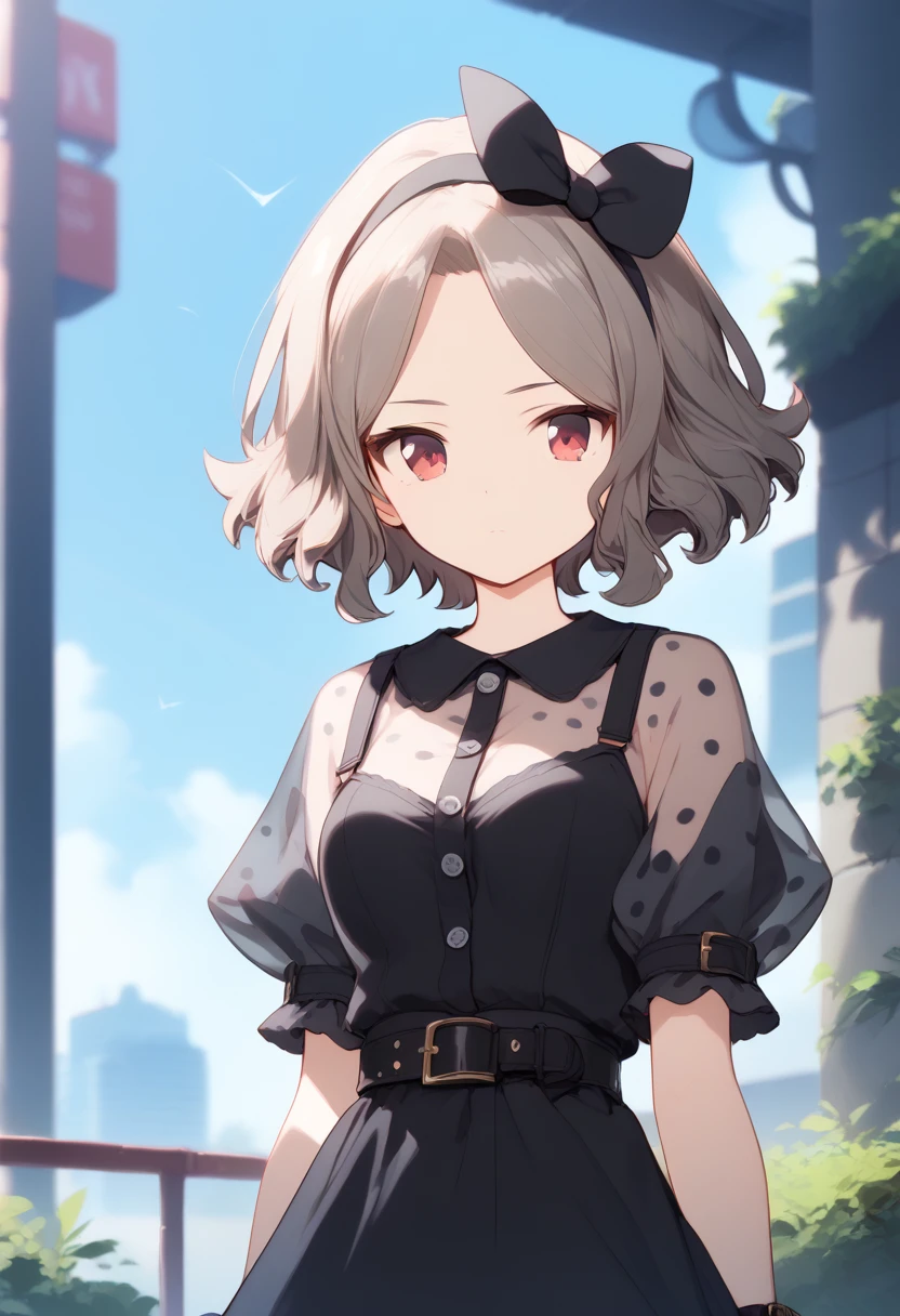 (score_9,score_8_up,score_7_up, ),
<lora:GBC_TOMO:1>,GBC_TOMO,1girl,solo,red eyes,short hair,wavy hair,brown hair,short sleeves,puffy sleeves,polka dot short sleeve,black skirt,see-through sleeves,black hairband,black hair bow,black watch,bow hairband,wristwatch,belt,buckle,buttons,outdoors,looking at viewer,closed mouth,upper body,building,expressionless,blurry background,bush,tree,window,standing,day,arms at sides,depth of field,shiny hair,black dress,medium breasts