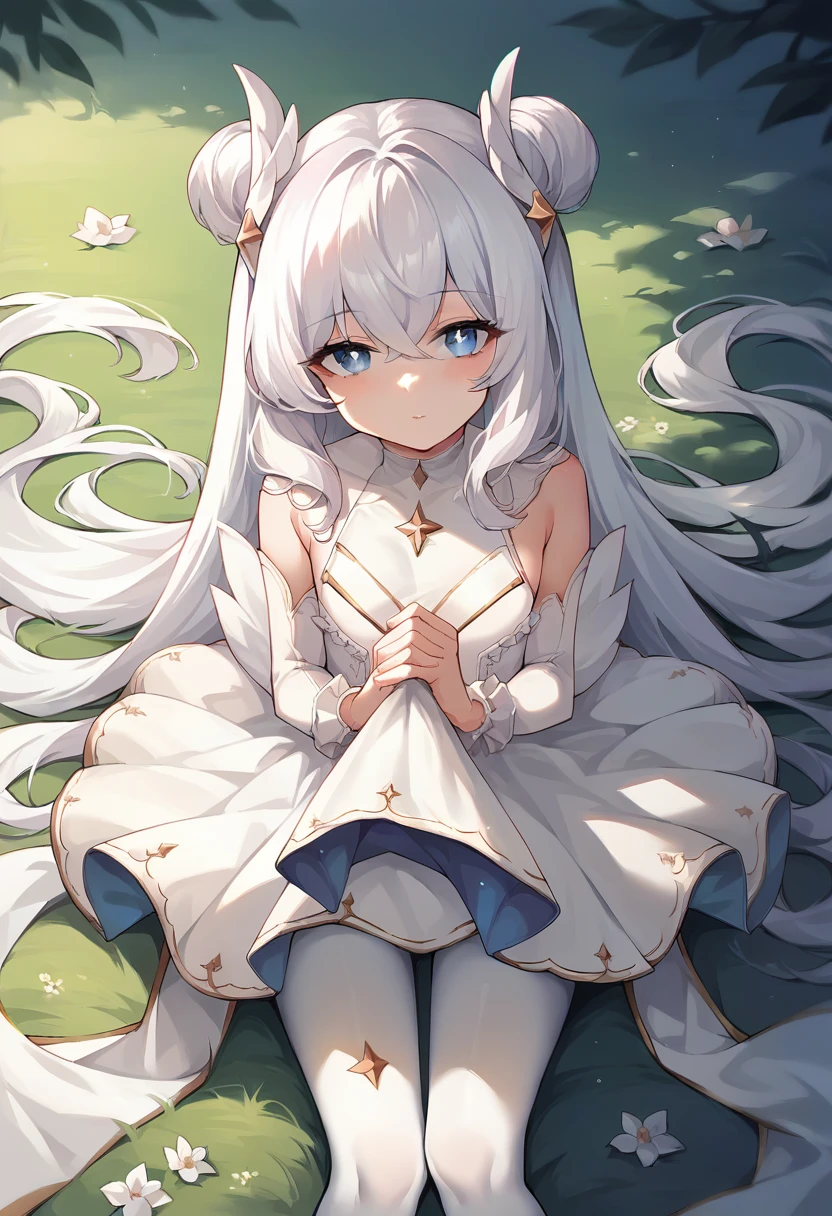 score_9, score_8_up, score_7_up, source_anime, masterpiece, 1girl, ctianmus3, +_+, blue eyes, short dress, white pantyhose, detached sleeves, clothing cutout, frilled sleeves, looking at viewer, outdoors, <lora:Le_Malin_Muse_pony_ct:0.8>