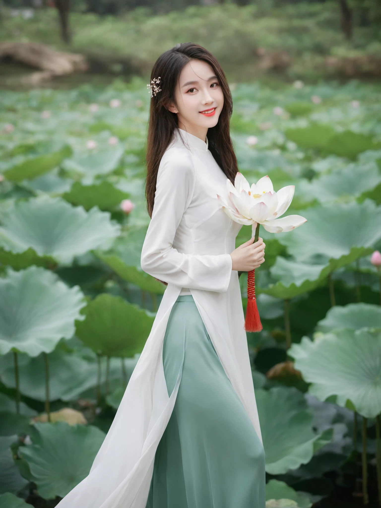 Best Quality,Masterpiece,Ultra High Resolution,(Realisticity:1.4),photorealistic,extreme detailed,Original Photo,1girl,portrait,(fullbody),elf,silver hair,solo,(dynamic posture:1.4),ao dai,(dark sea green tone:1.2),giant lotus leaf,dress,looking at the audiences,long sleeves,red lips,smile,50mm,F0.8,8K raw,depth of field,aodaixl,chinese girls,hanfu
<lora:aodaixl:0.7>, (best quality:1.3)