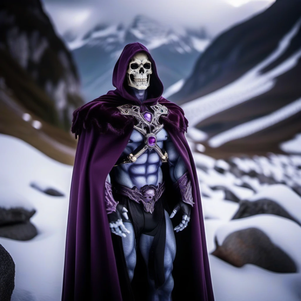 cinematic photo a muscular man, skeleton face, purple cape, cloak, in the alps, snow <lora:Skeletor1024-000190:0.8> . 35mm photograph, film, bokeh, professional, 4k, highly detailed