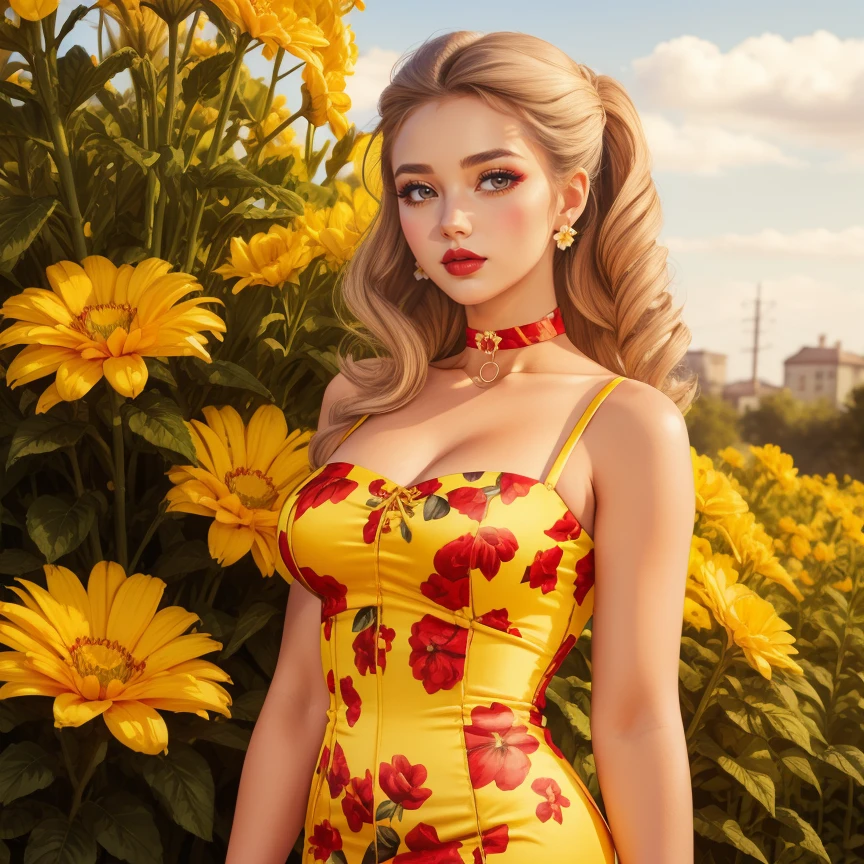 1girl, white Voluminous Blowout hair, makeup, lipstick, hud_dk_4, long yellow dress, pencil skirt, floral print, sleeveless, choker, <lora:dollskill3sd1508:0.7>, garden