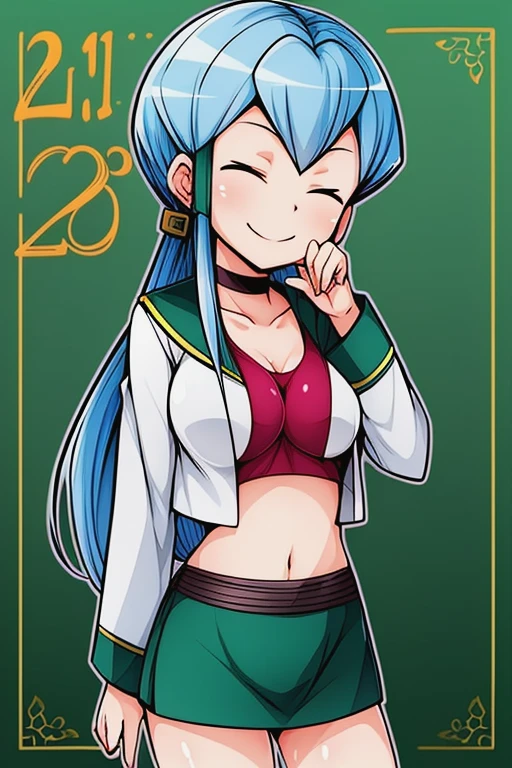 2010s (style), year 2010, anime_art_style, cartoon,masterpiece,high quality, cardfight!! vanguard, jillian chen, 1girl, blue hair, closed eyes, navel, solo, choker, smile,brown top, midriff, hand on hip, long hair, crop top, green skirt, ponytail, hair tubes, breasts <lora:Jillian_Chen:0.9> <lora:add_detail:0.5> <lora:hyperdetailer_v095:0.5>