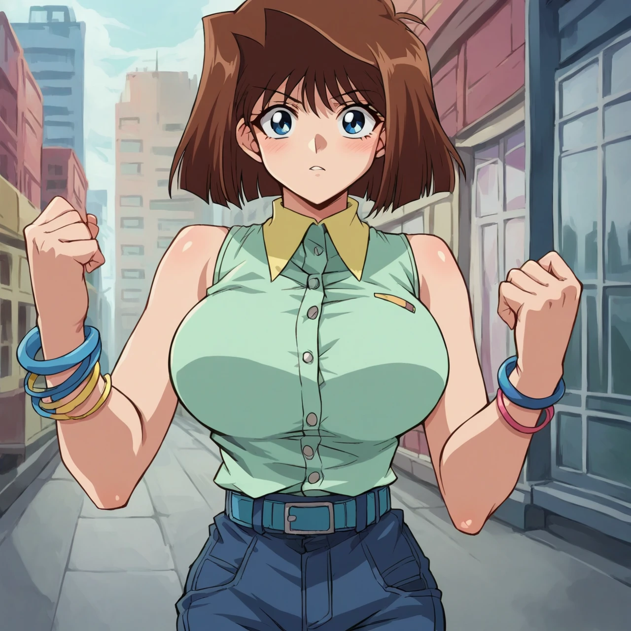 score_9, score_8_up, score_7_up, source_anime, BREAK, uncensored,  <lora:Anzu_Mazaki:1> brown hair, short hair, blue eyes, large breasts,  bracelet, light green sleeveless buttoned shirt with dark yellow collar, blue and pink bracelets, navy blue shorts, light blue belt, white stockings, thigh high, standing, city, looking at viewer, upper body, 1girl, solo,